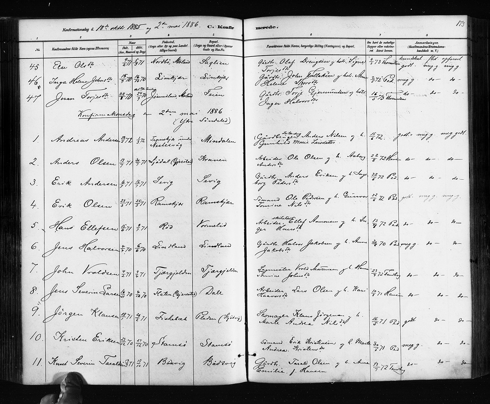 Søndeled sokneprestkontor, SAK/1111-0038/F/Fa/L0004: Parish register (official) no. A 4, 1880-1889, p. 173