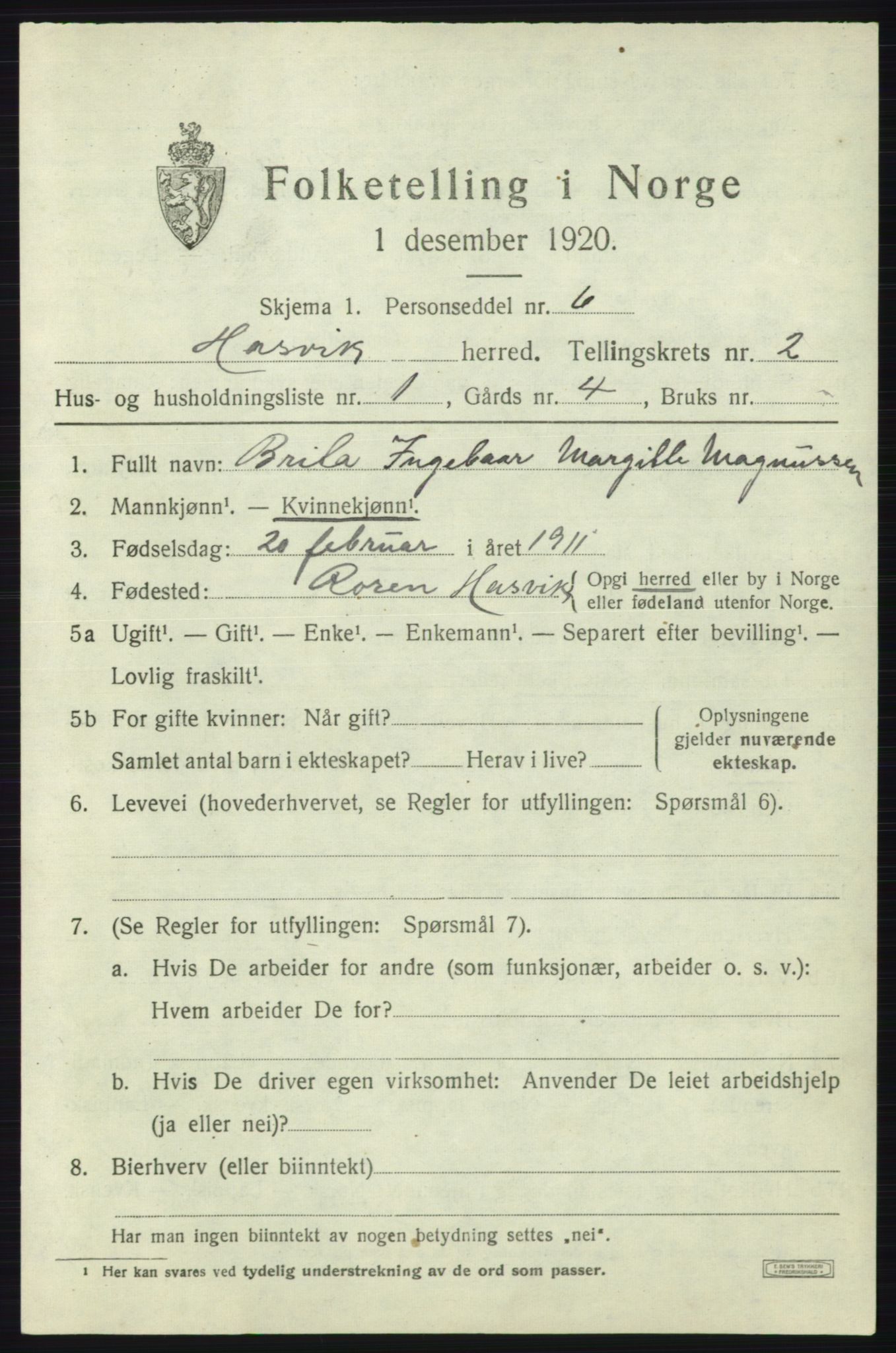 SATØ, 1920 census for Hasvik, 1920, p. 989