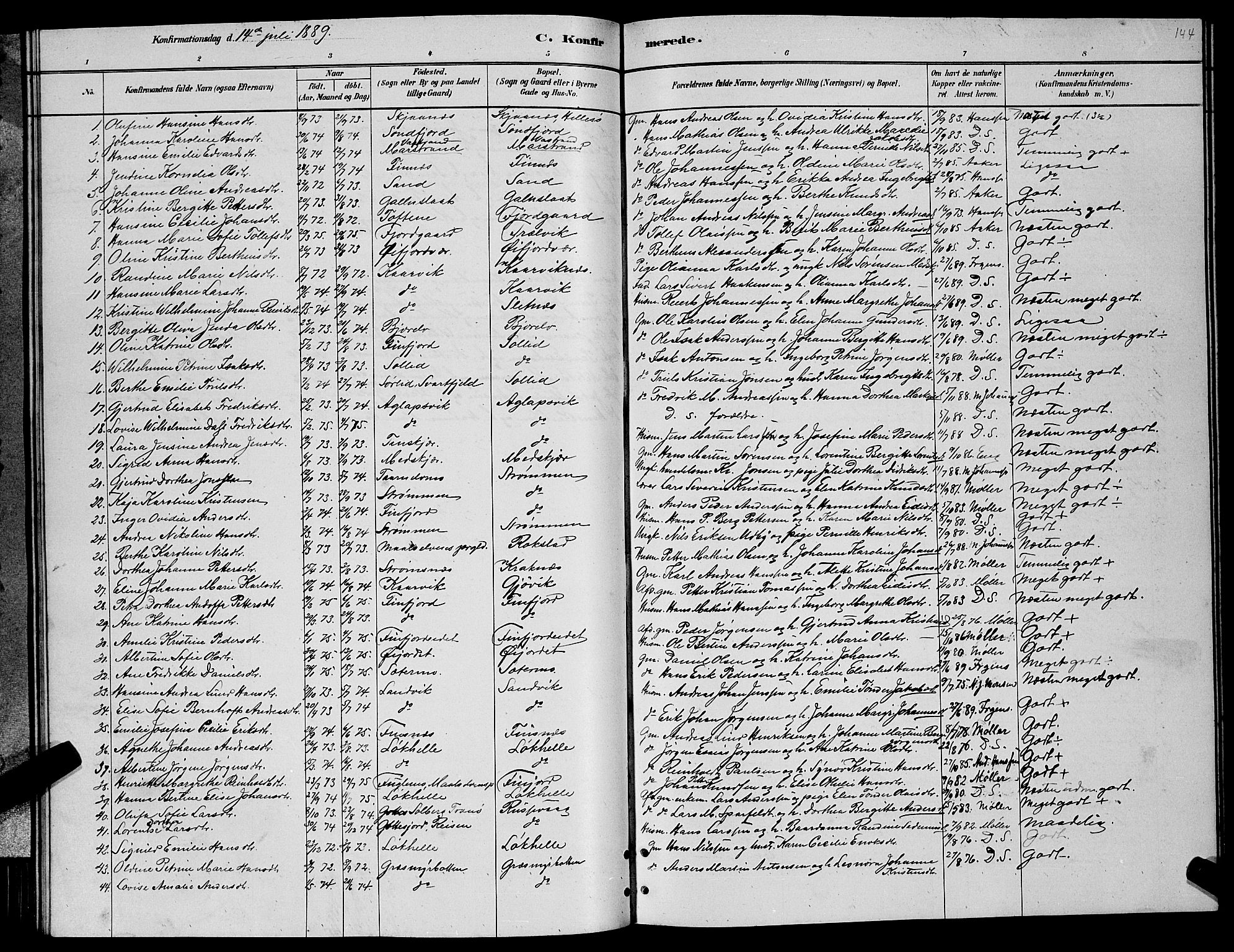 Lenvik sokneprestembete, AV/SATØ-S-1310/H/Ha/Hab/L0006klokker: Parish register (copy) no. 6, 1881-1889, p. 144