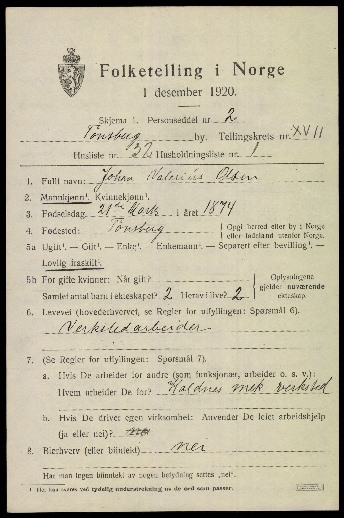 SAKO, 1920 census for Tønsberg, 1920, p. 26559