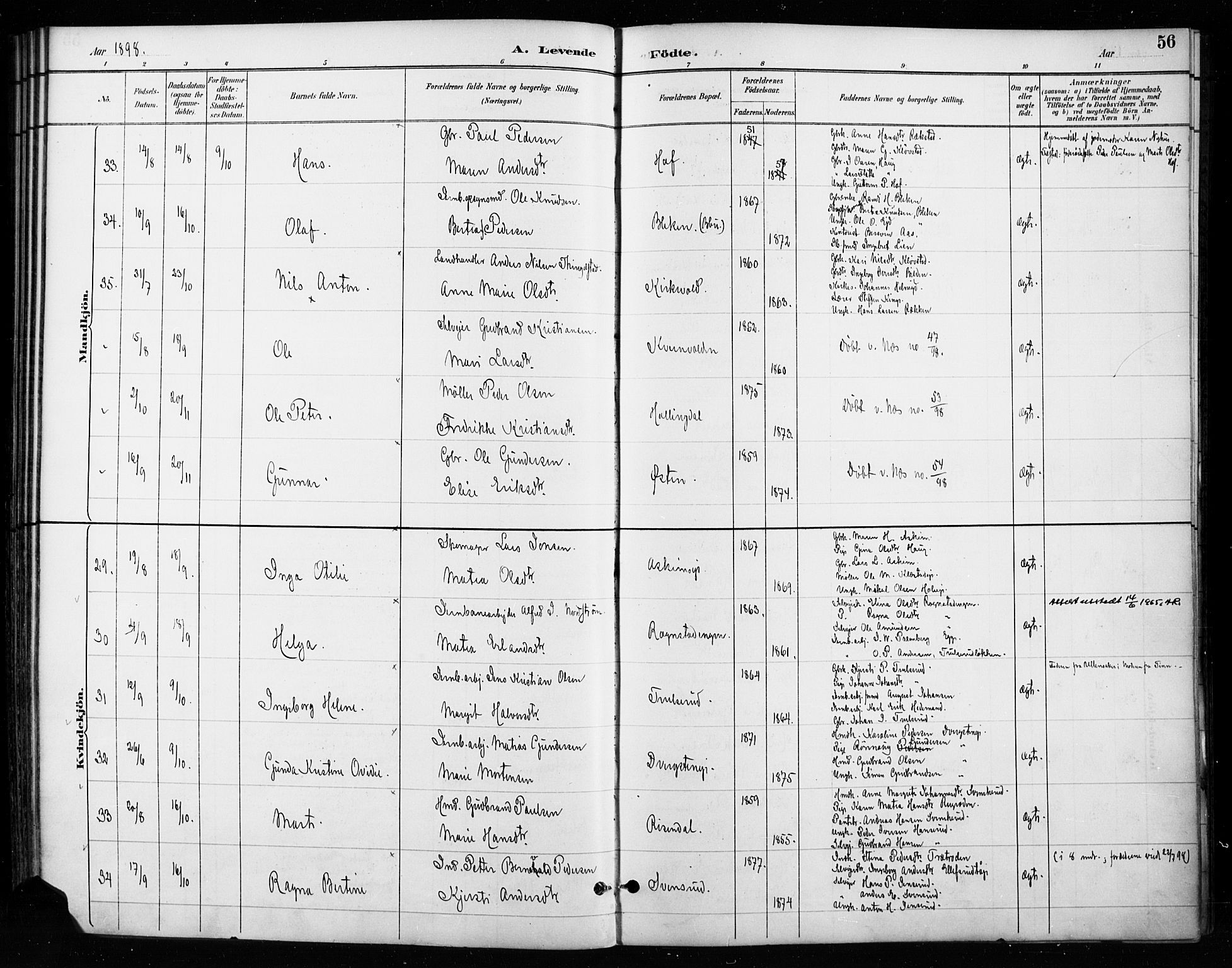 Gran prestekontor, SAH/PREST-112/H/Ha/Haa/L0018: Parish register (official) no. 18, 1889-1899, p. 56