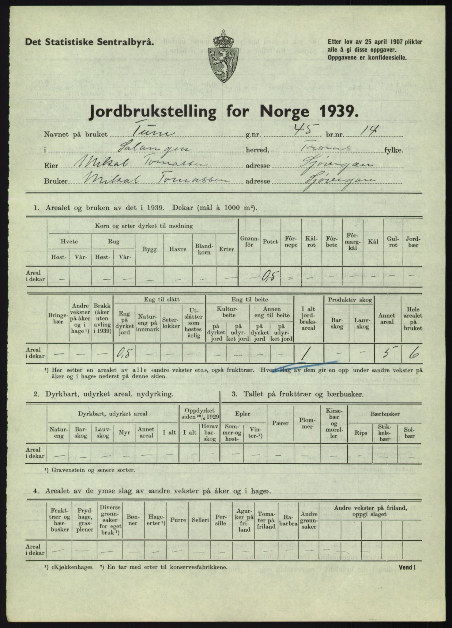 Statistisk sentralbyrå, Næringsøkonomiske emner, Jordbruk, skogbruk, jakt, fiske og fangst, AV/RA-S-2234/G/Gb/L0340: Troms: Salangen og Dyrøy, 1939, p. 21