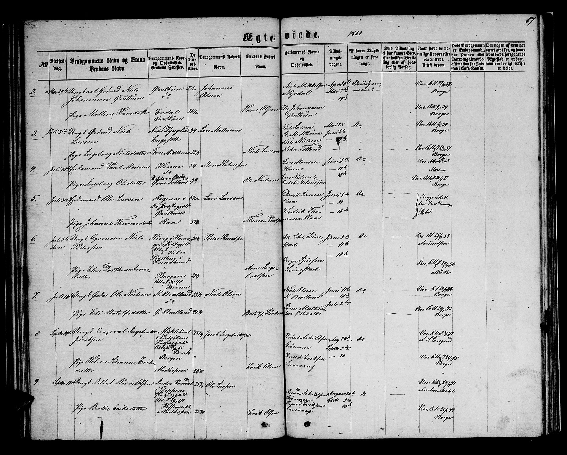 Birkeland Sokneprestembete, SAB/A-74601/H/Hab: Parish register (copy) no. A 2, 1863-1876, p. 67
