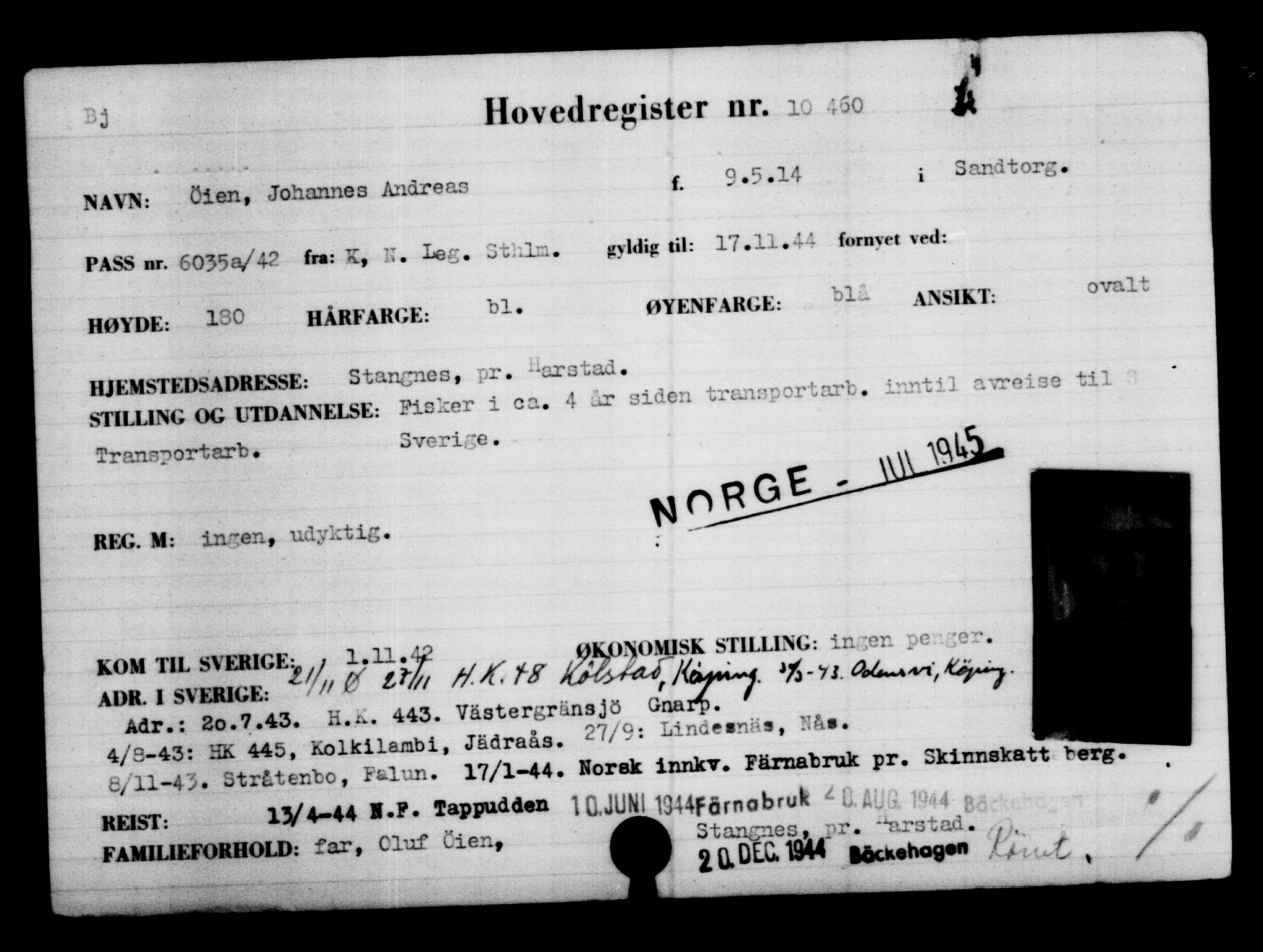 Den Kgl. Norske Legasjons Flyktningskontor, RA/S-6753/V/Va/L0006: Kjesäterkartoteket.  Flyktningenr. 9400-12711, 1940-1945, p. 1216