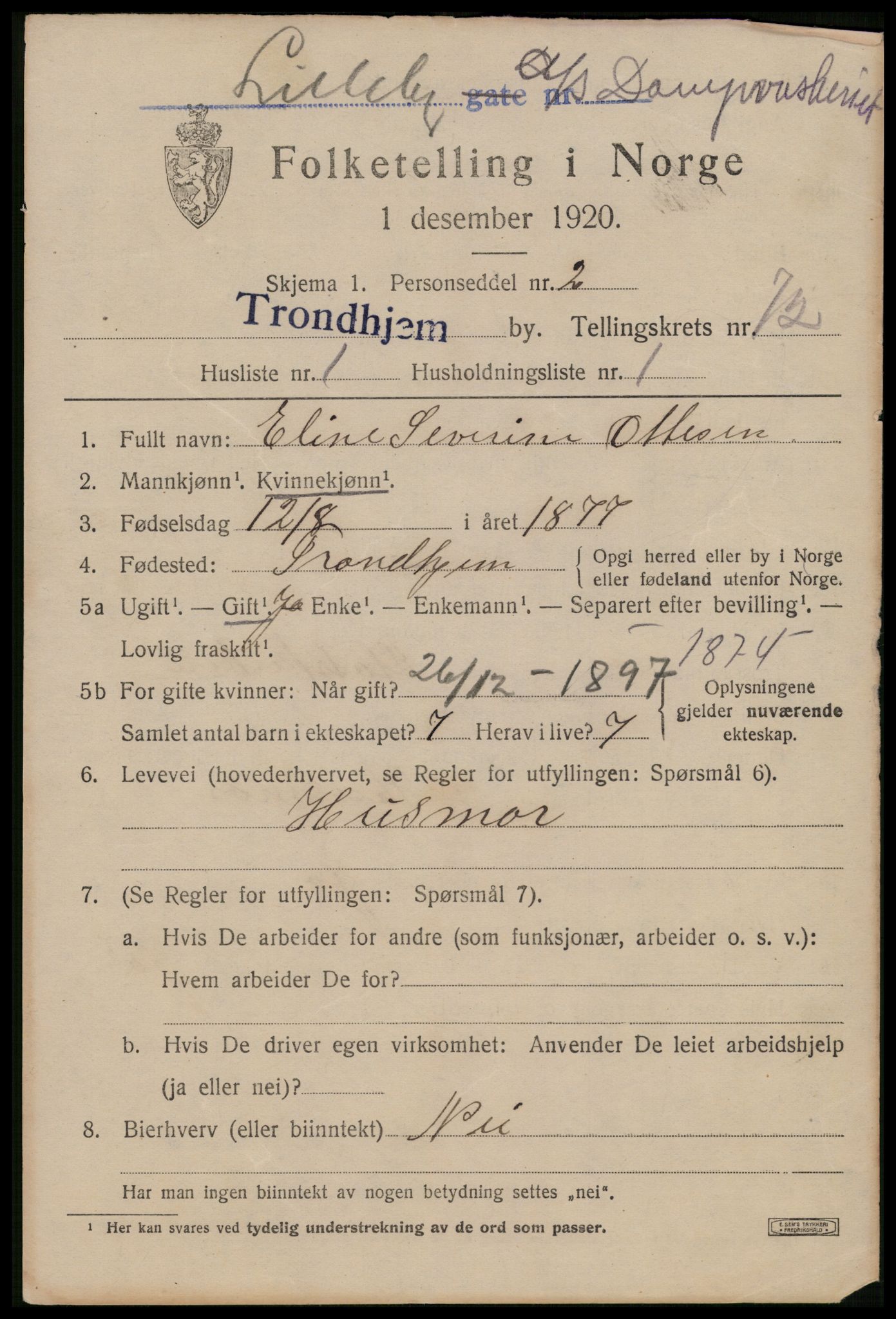SAT, 1920 census for Trondheim, 1920, p. 141046