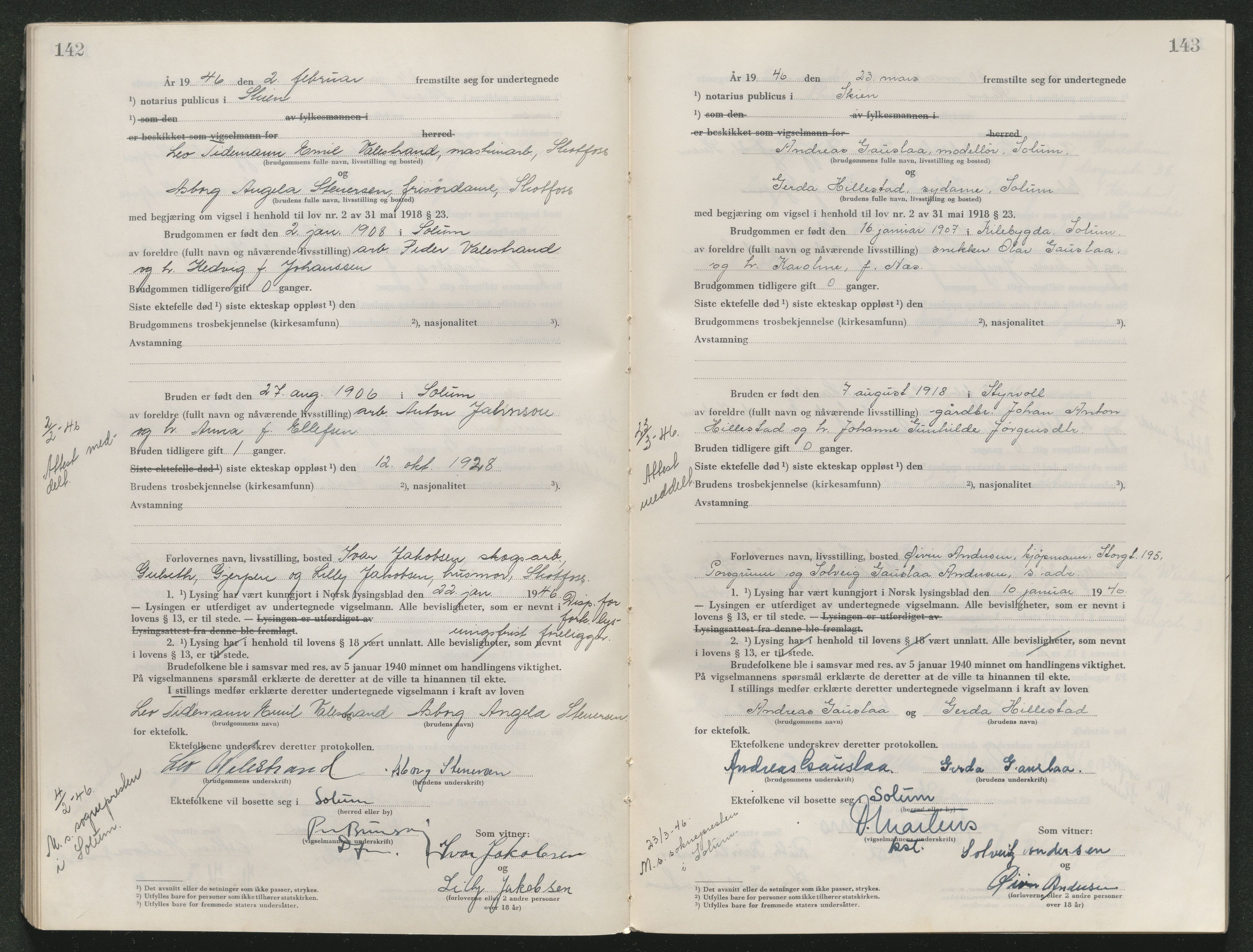 Skien sorenskriveri, AV/SAKO-A-225/L/La/L0001: Vigselsprotokoll, 1920-1947, p. 142-143