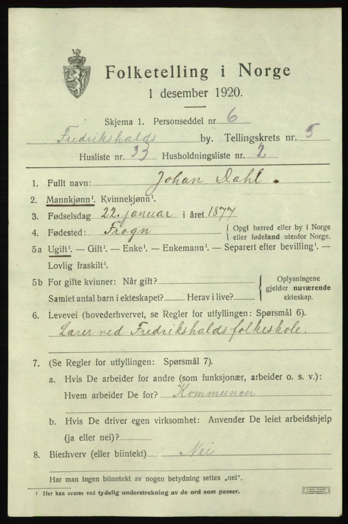 SAO, 1920 census for Fredrikshald, 1920, p. 12793