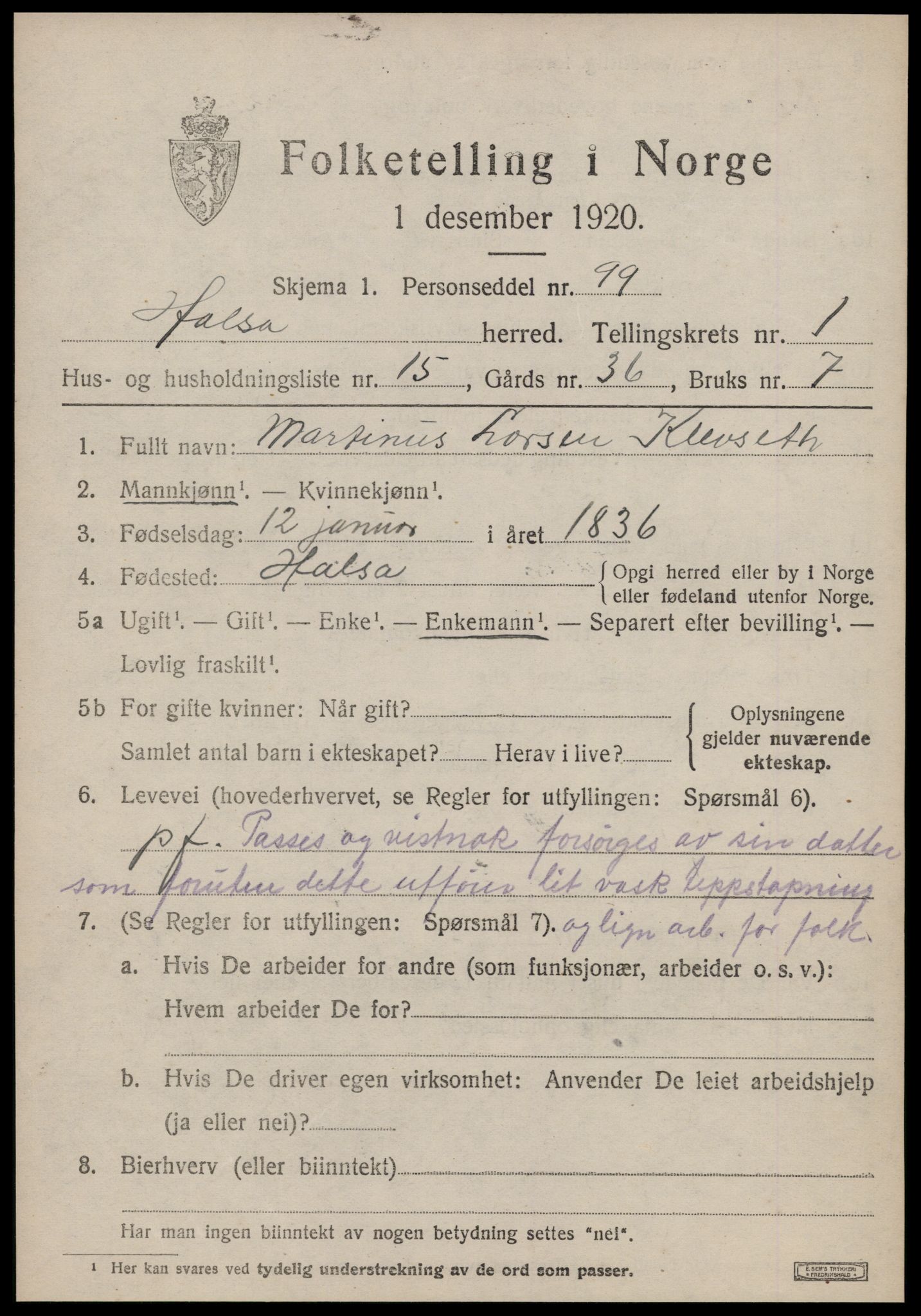 SAT, 1920 census for Halsa, 1920, p. 640