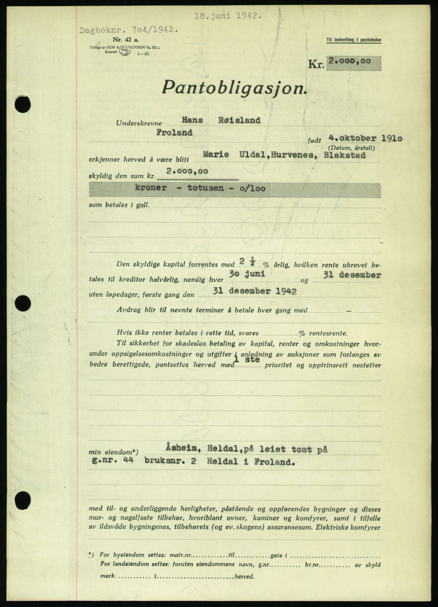 Nedenes sorenskriveri, AV/SAK-1221-0006/G/Gb/Gbb/L0002: Mortgage book no. II, 1942-1945, Diary no: : 704/1942