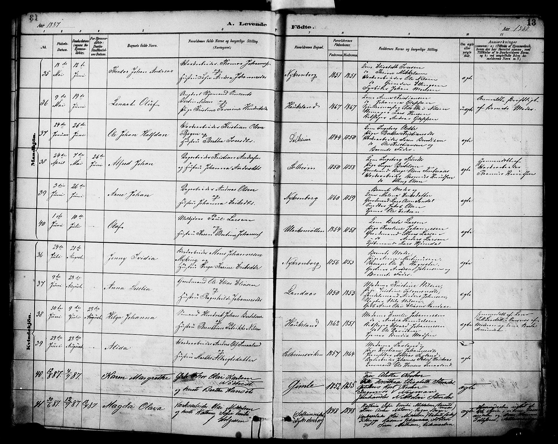 Årstad Sokneprestembete, AV/SAB-A-79301/H/Haa/L0001: Parish register (official) no. A 1, 1886-1901, p. 13