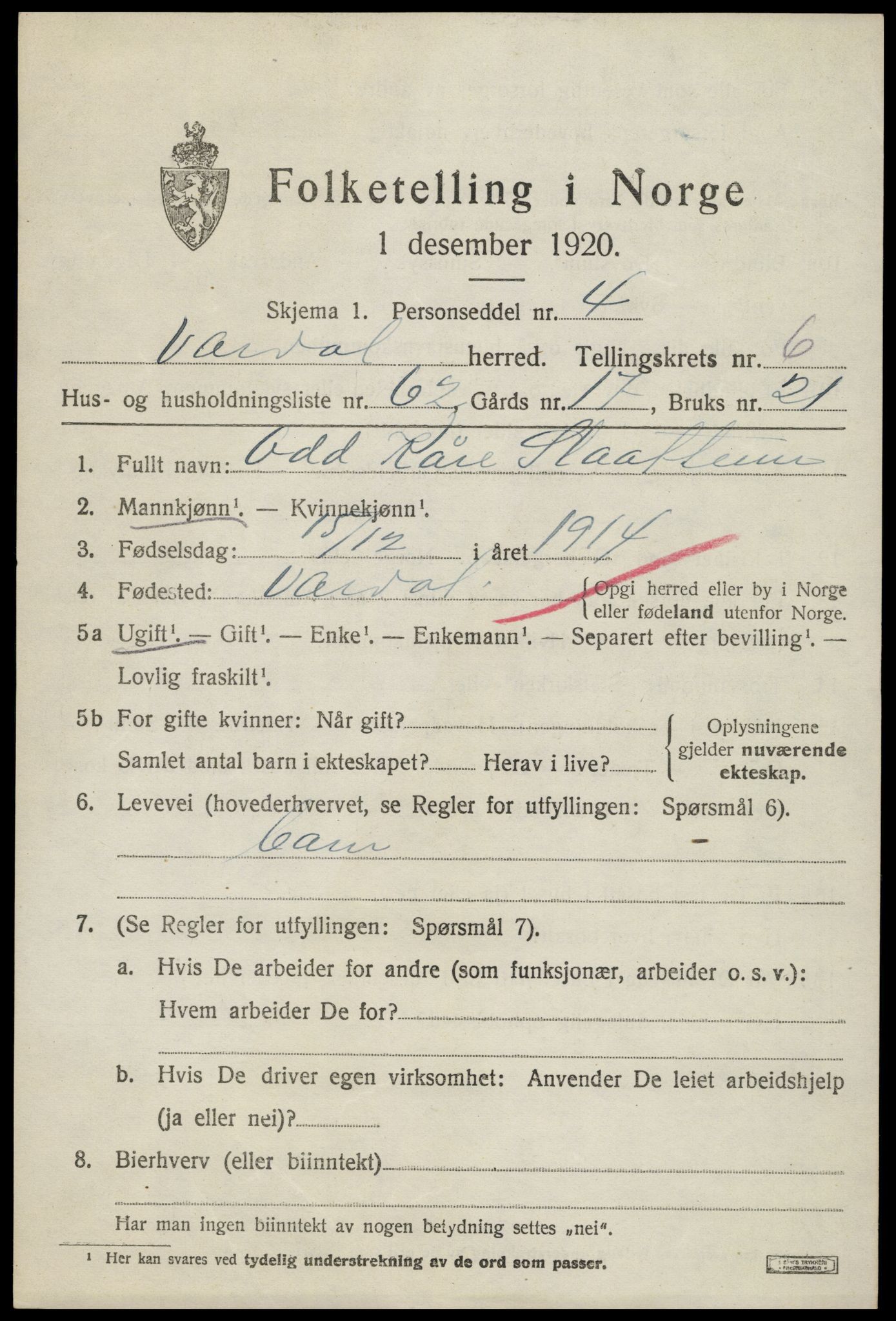 SAH, 1920 census for Vardal, 1920, p. 4589