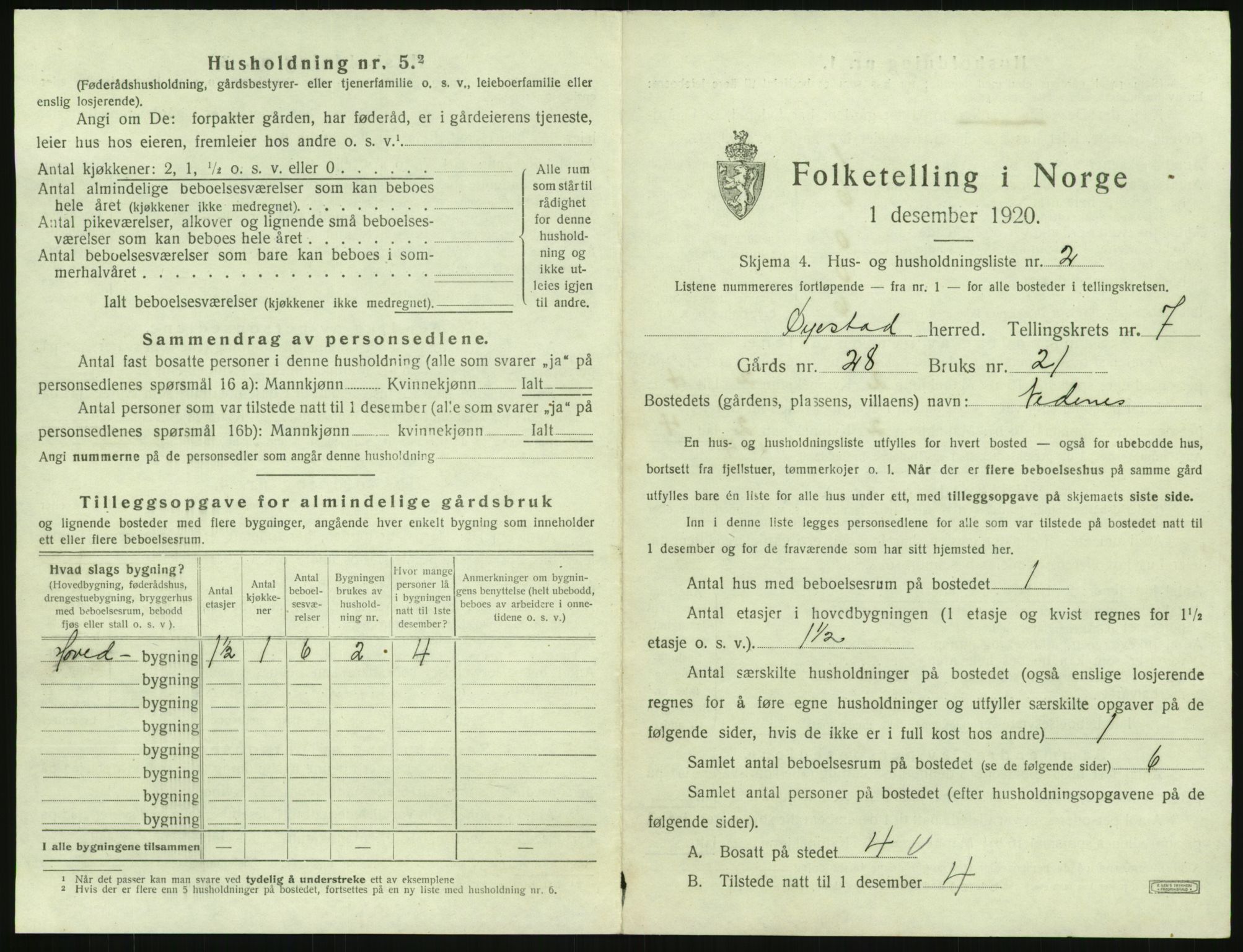 SAK, 1920 census for Øyestad, 1920, p. 642