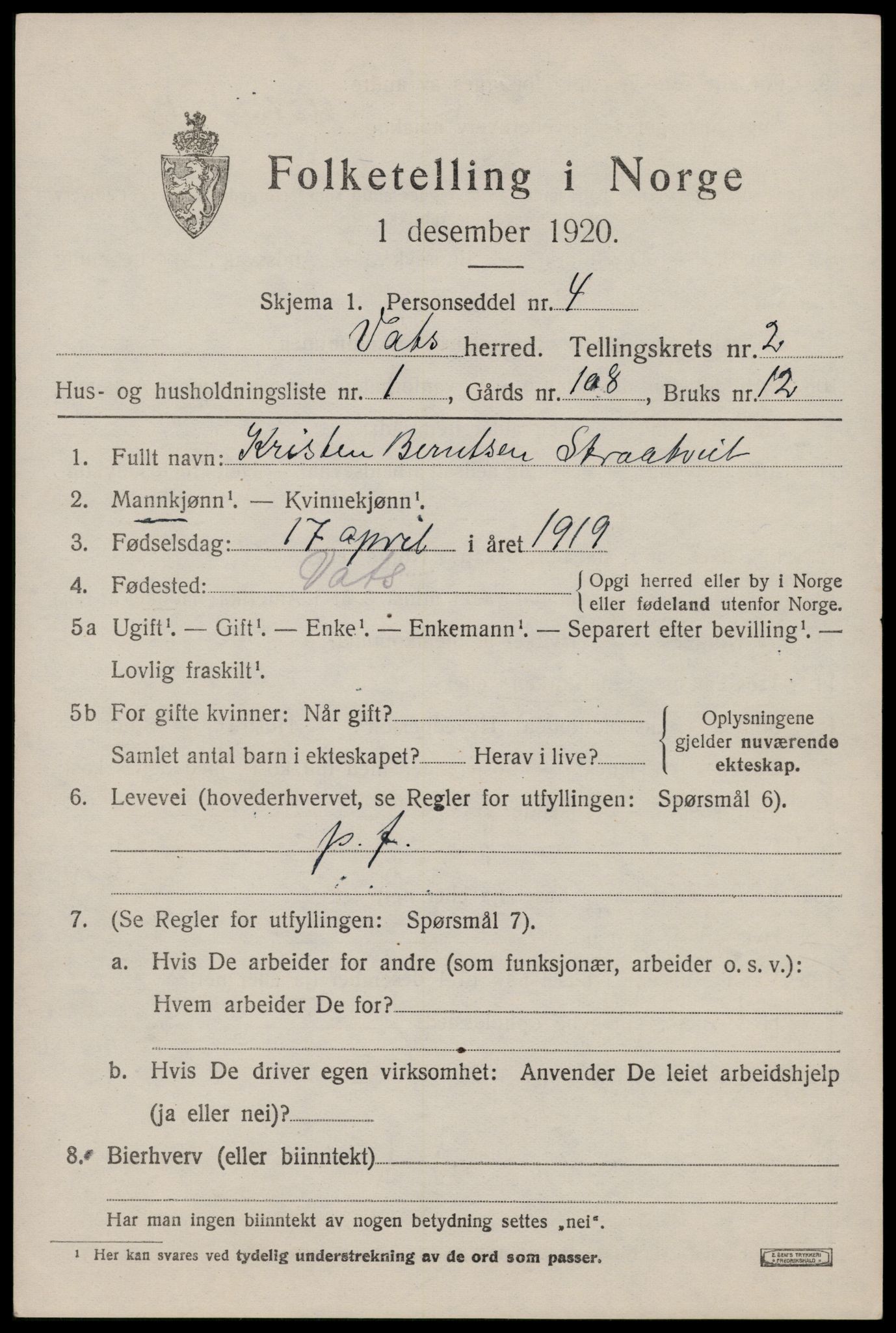 SAST, 1920 census for Vats, 1920, p. 817