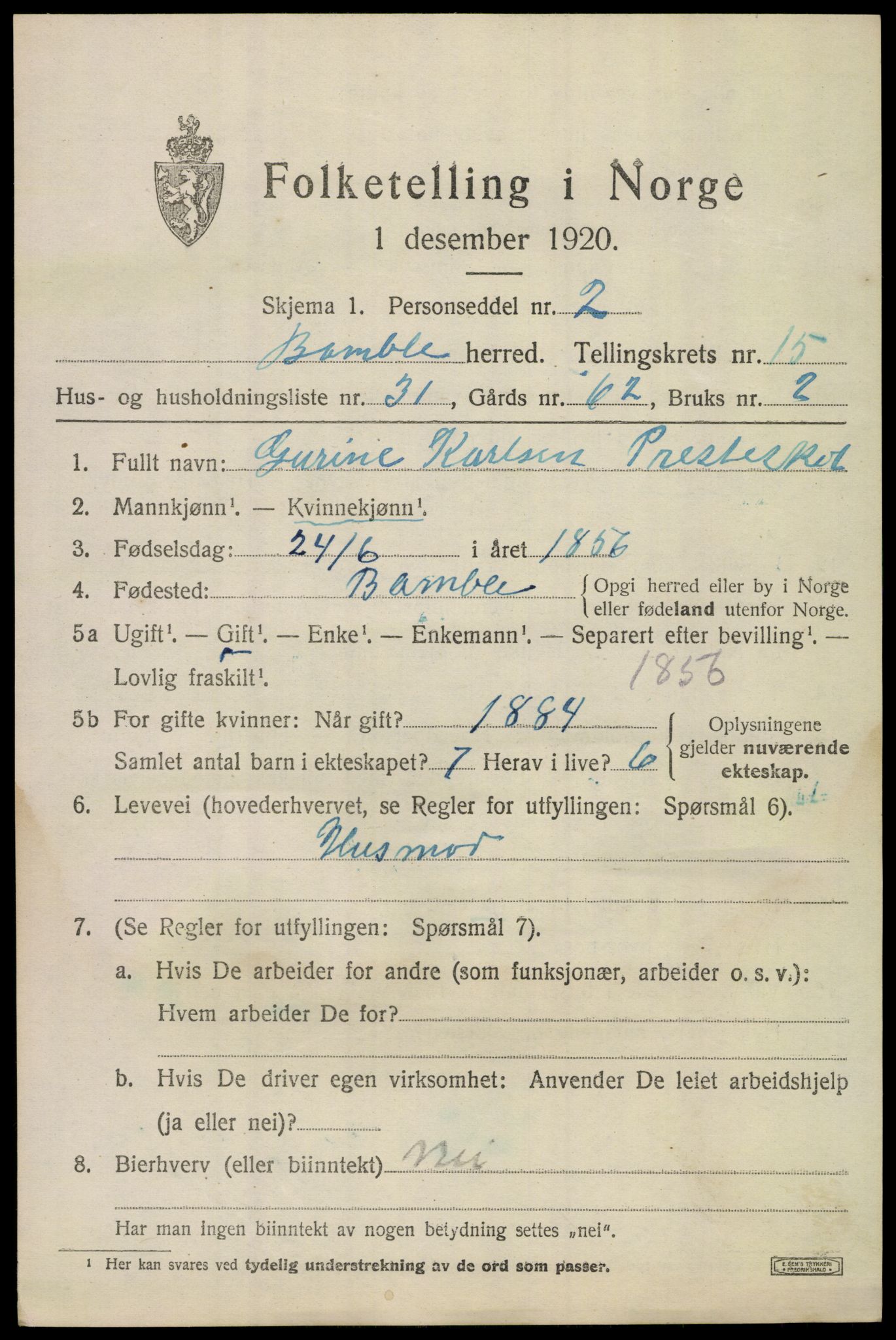 SAKO, 1920 census for Bamble, 1920, p. 11073