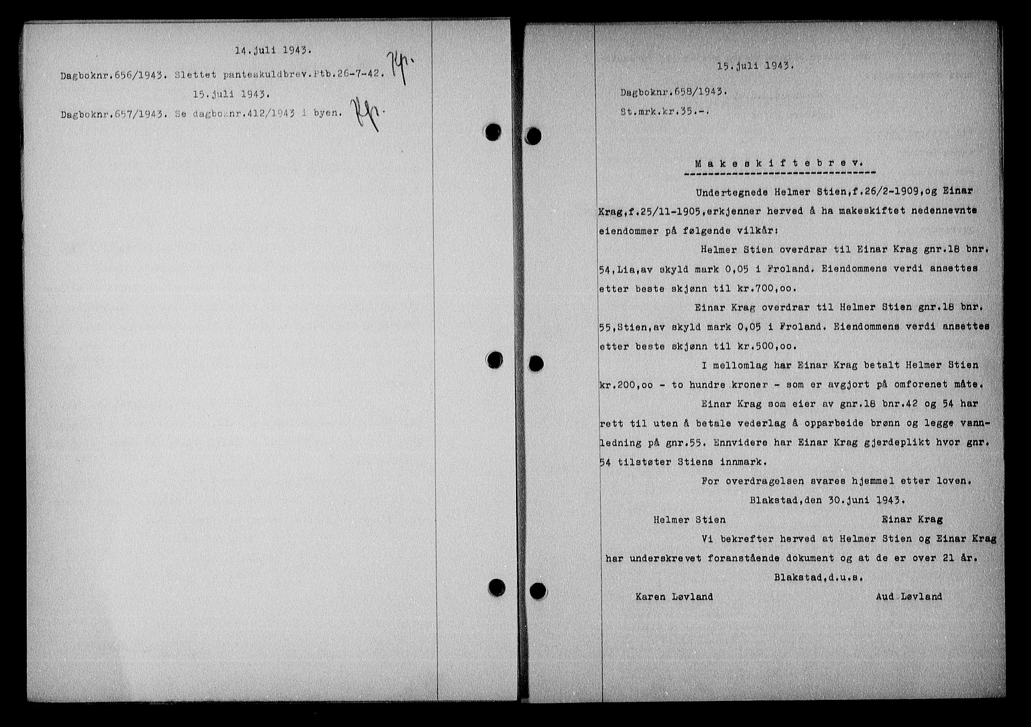 Nedenes sorenskriveri, SAK/1221-0006/G/Gb/Gba/L0050: Mortgage book no. A-IV, 1942-1943, Diary no: : 658/1943