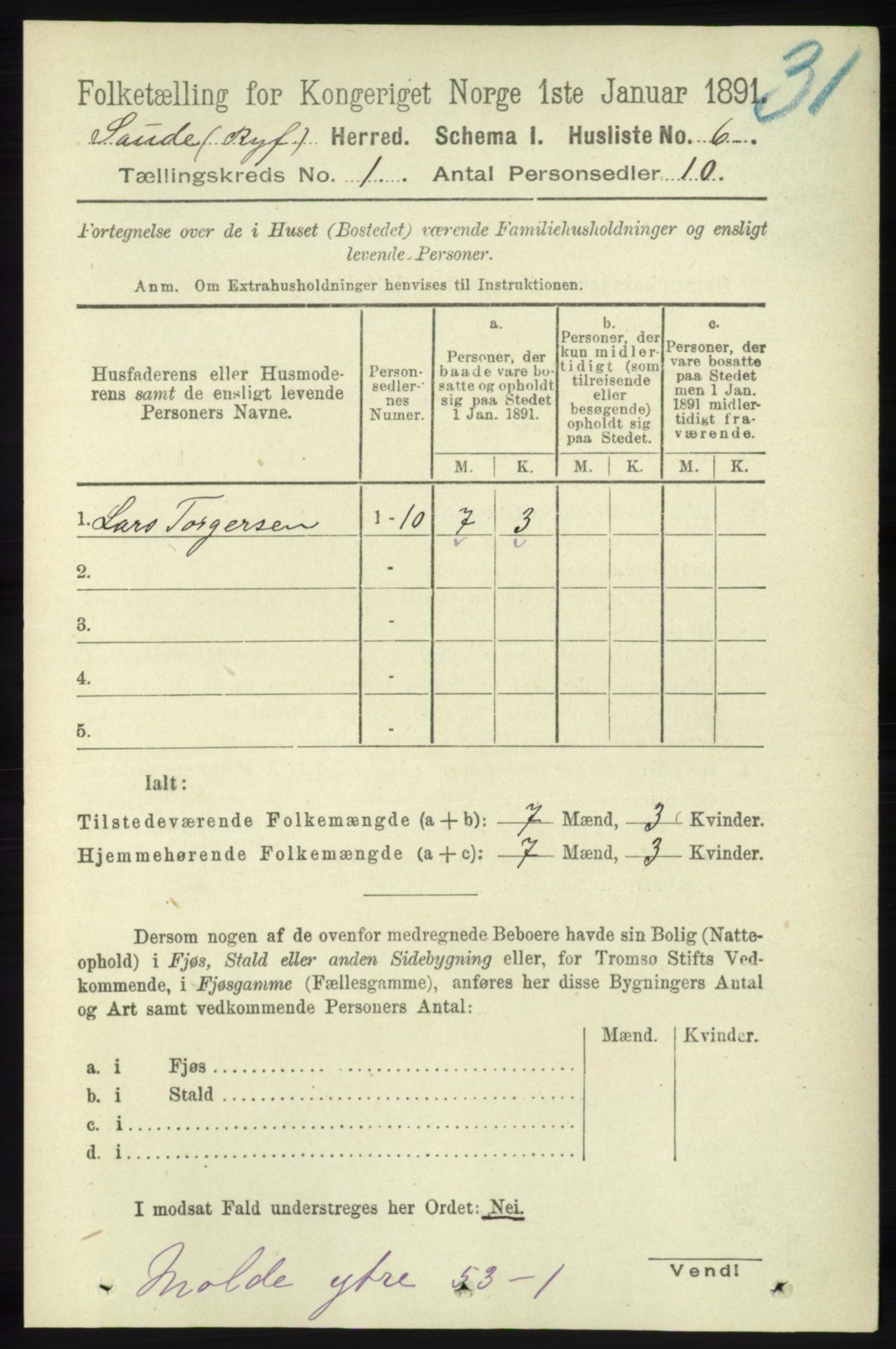 RA, 1891 census for 1135 Sauda, 1891, p. 23