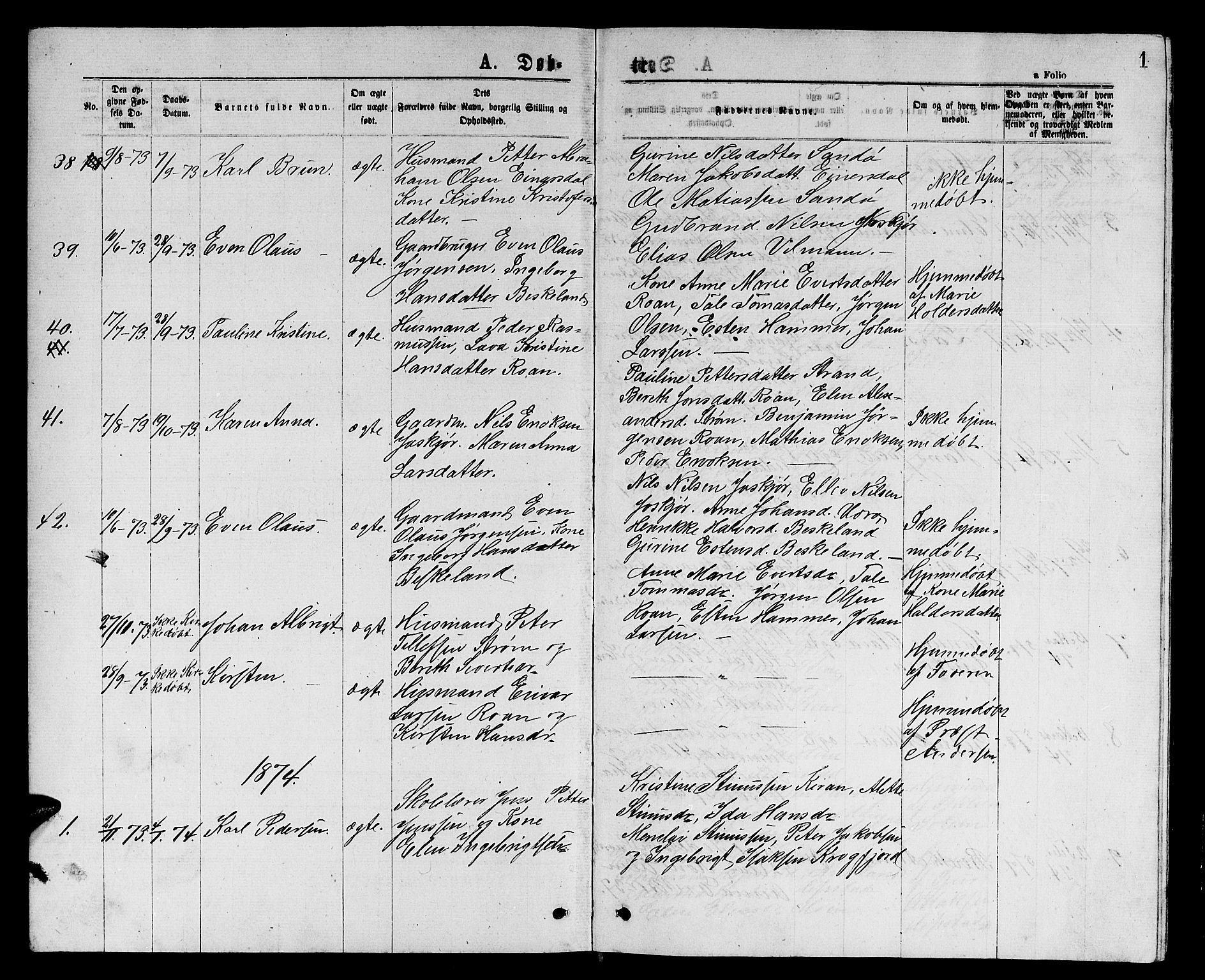 Ministerialprotokoller, klokkerbøker og fødselsregistre - Sør-Trøndelag, AV/SAT-A-1456/657/L0715: Parish register (copy) no. 657C02, 1873-1888, p. 1