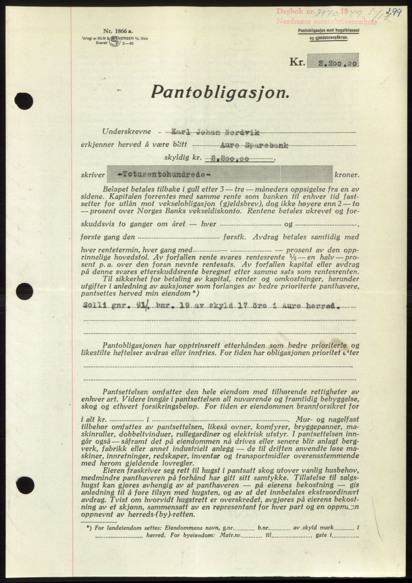 Nordmøre sorenskriveri, AV/SAT-A-4132/1/2/2Ca: Mortgage book no. B103, 1949-1950, Diary no: : 3470/1949