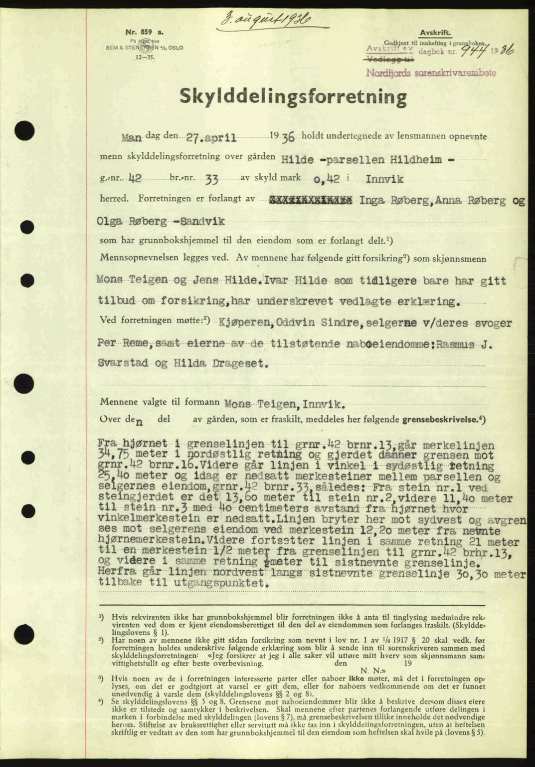 Nordfjord sorenskriveri, AV/SAB-A-2801/02/02b/02bj/L0001: Mortgage book no. A1, 1936-1937, Diary no: : 944/1936