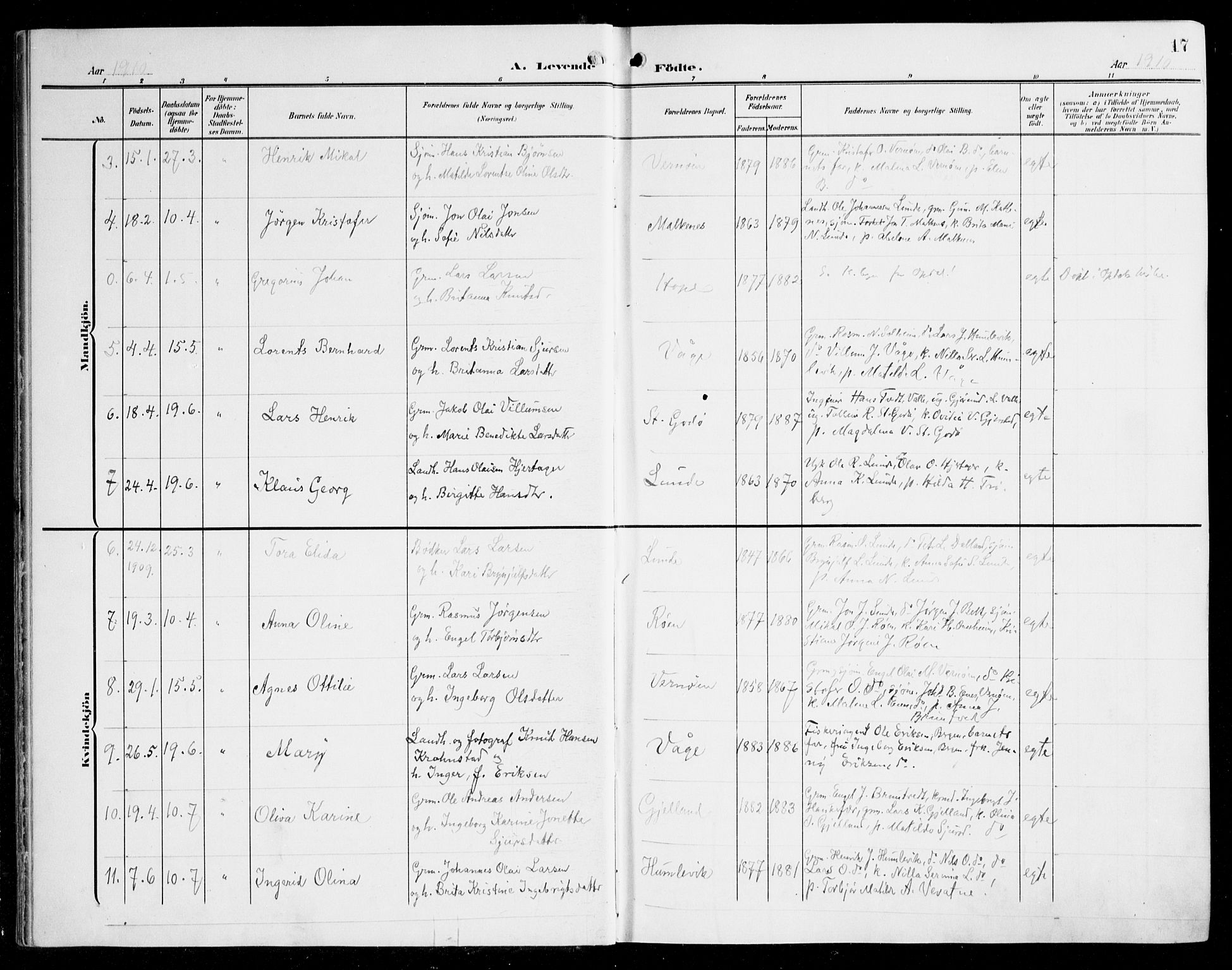 Tysnes sokneprestembete, AV/SAB-A-78601/H/Haa: Parish register (official) no. B 2, 1907-1925, p. 17