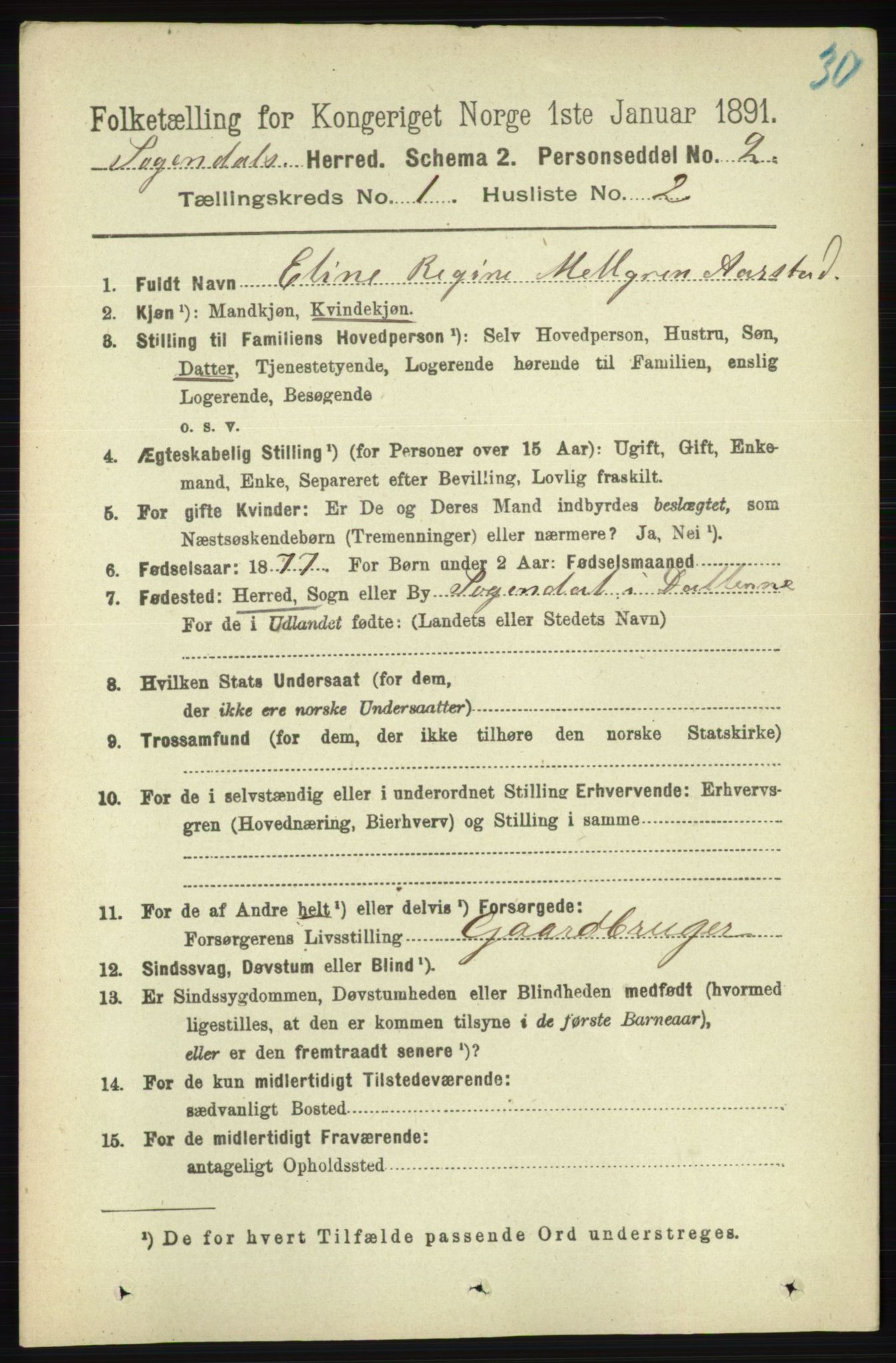 RA, 1891 census for 1111 Sokndal, 1891, p. 95