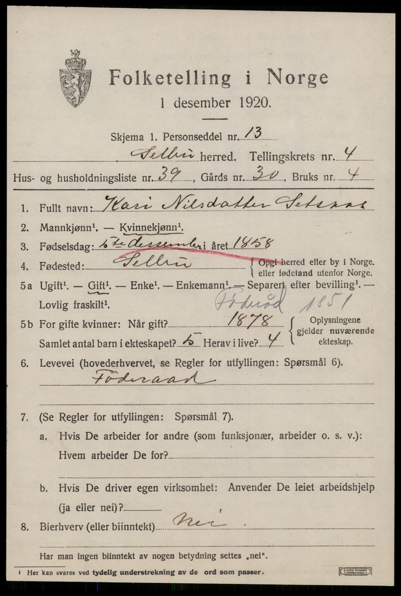 SAT, 1920 census for Selbu, 1920, p. 3198