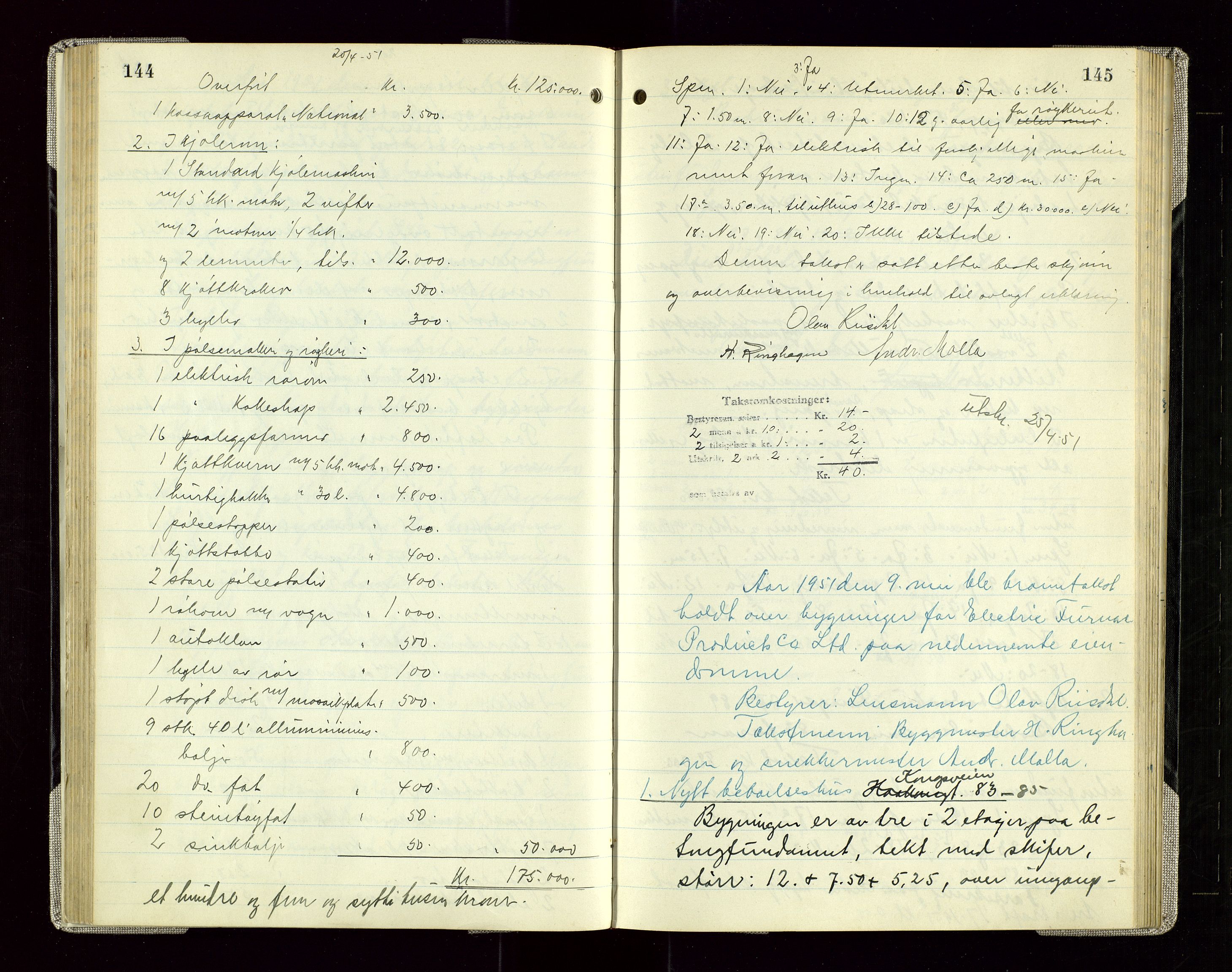 Sauda lensmannskontor, SAST/A-100177/Goa/L0005: "Branntakstprotokoll for Sauda lensmannsdistrikt", 1946-1955, p. 144-145