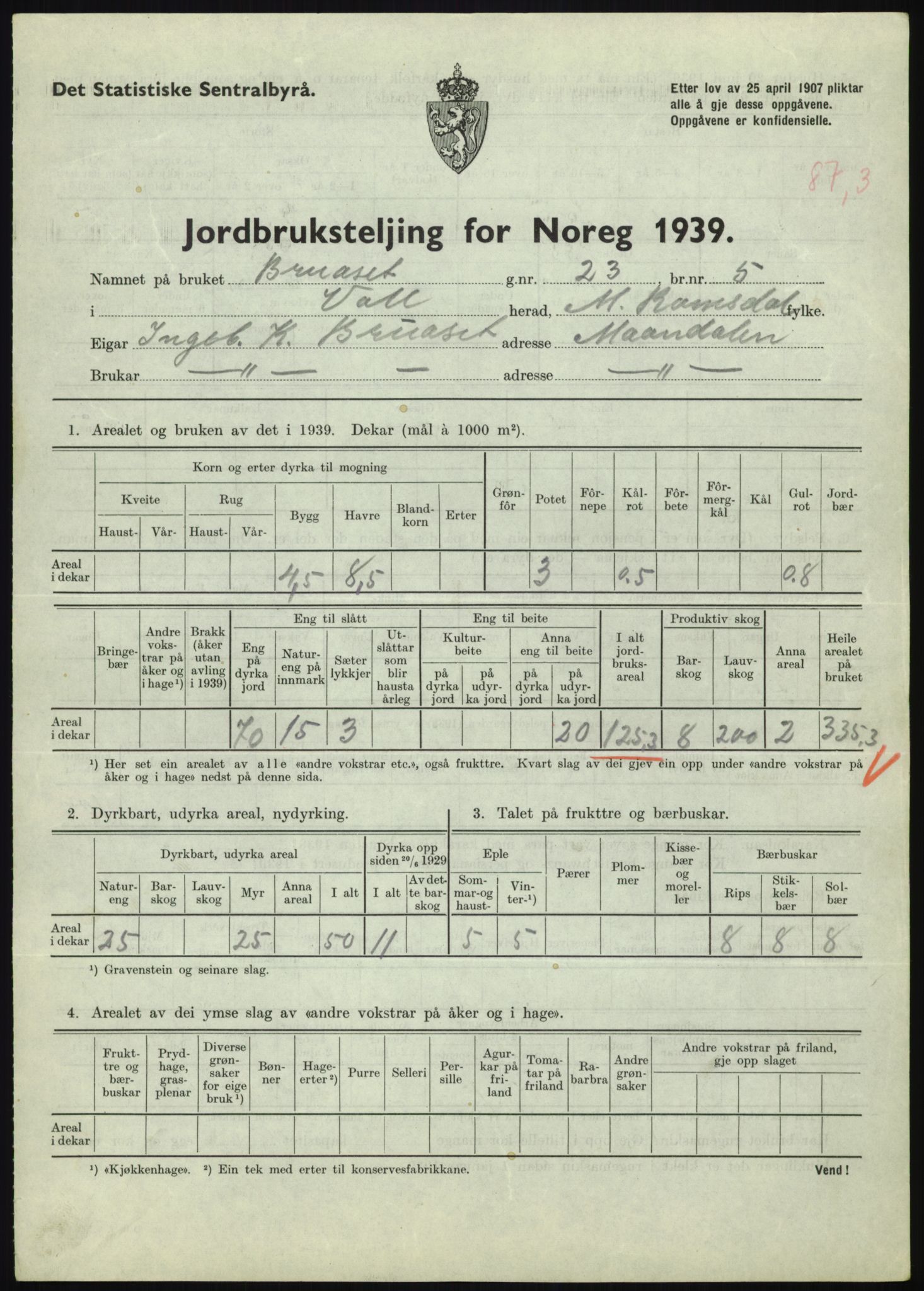 Statistisk sentralbyrå, Næringsøkonomiske emner, Jordbruk, skogbruk, jakt, fiske og fangst, AV/RA-S-2234/G/Gb/L0251: Møre og Romsdal: Voll, Eid, Grytten og Hen, 1939, p. 337