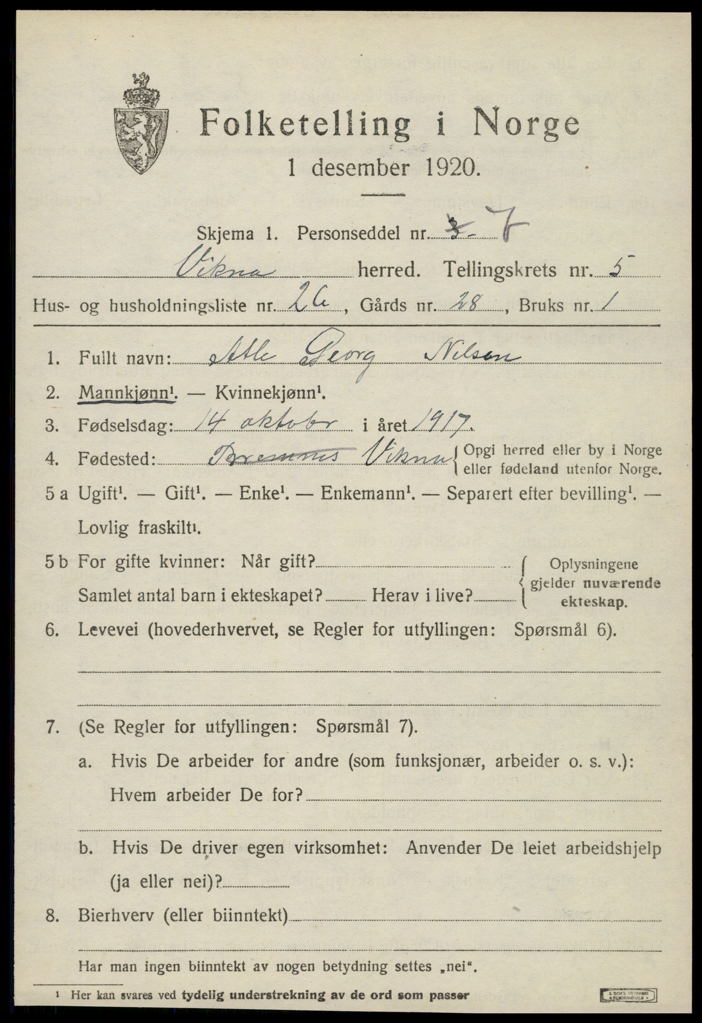 SAT, 1920 census for Vikna, 1920, p. 4993