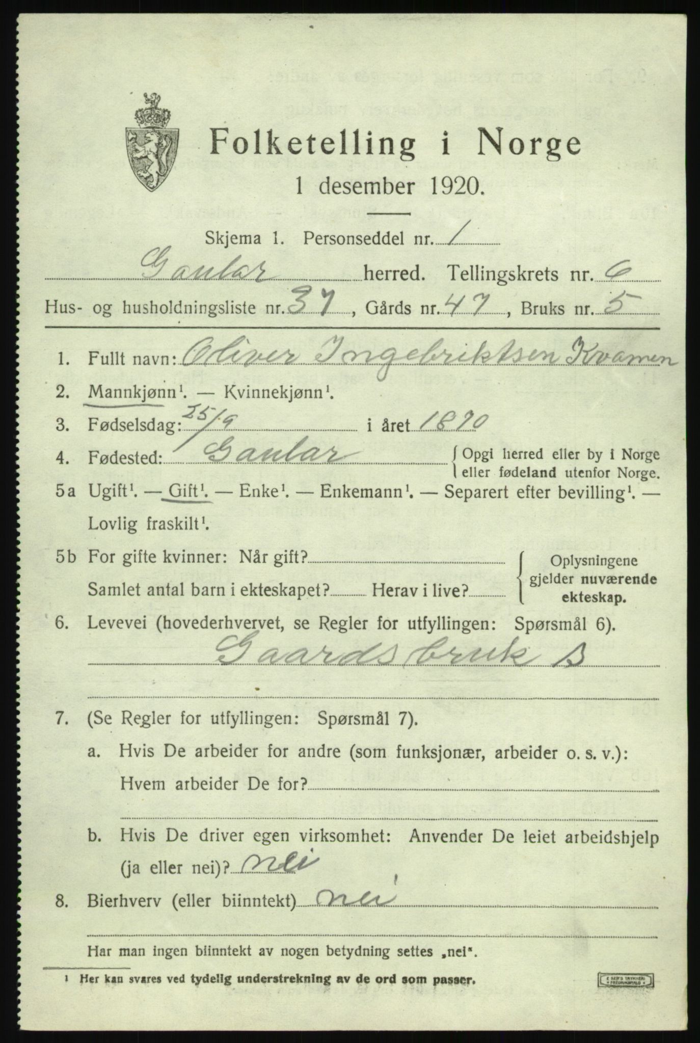 SAB, 1920 census for Gaular, 1920, p. 3340