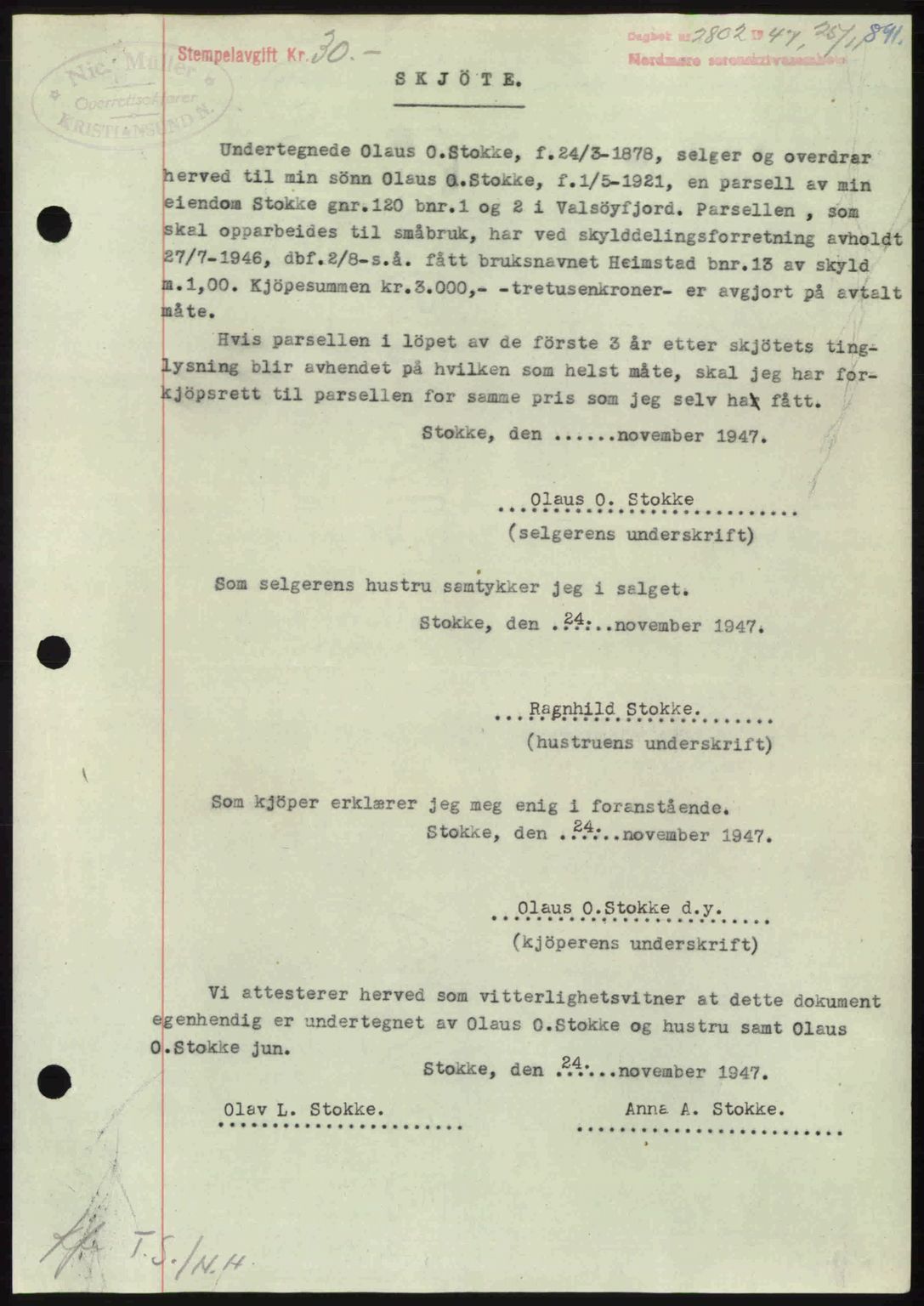 Nordmøre sorenskriveri, AV/SAT-A-4132/1/2/2Ca: Mortgage book no. A106, 1947-1947, Diary no: : 2802/1947