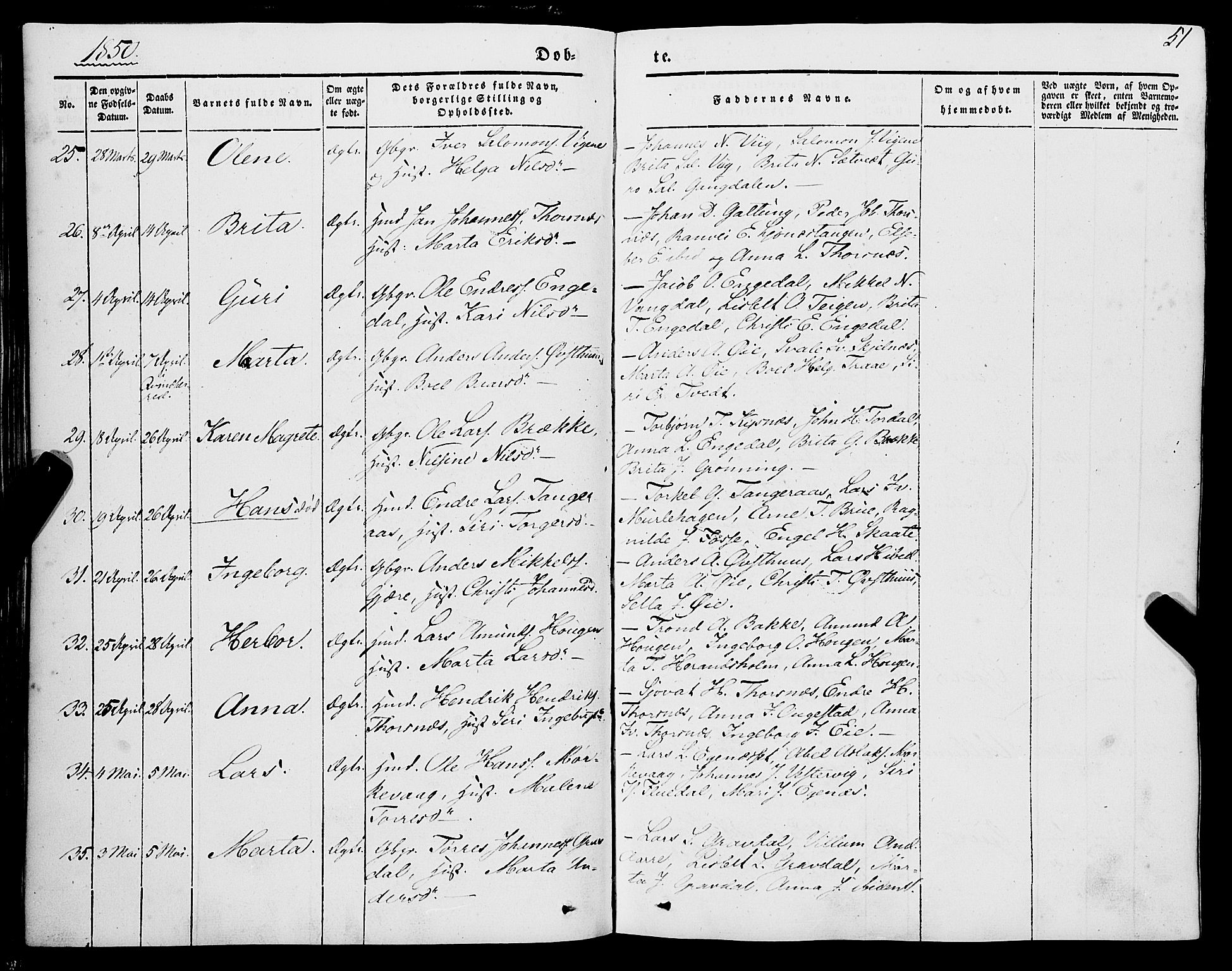 Strandebarm sokneprestembete, AV/SAB-A-78401/H/Haa: Parish register (official) no. A 7, 1844-1872, p. 51