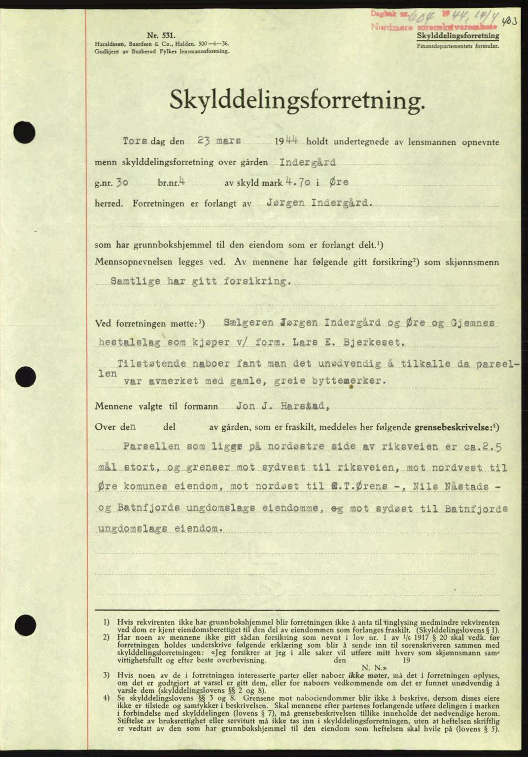 Nordmøre sorenskriveri, AV/SAT-A-4132/1/2/2Ca: Mortgage book no. A97, 1944-1944, Diary no: : 604/1944