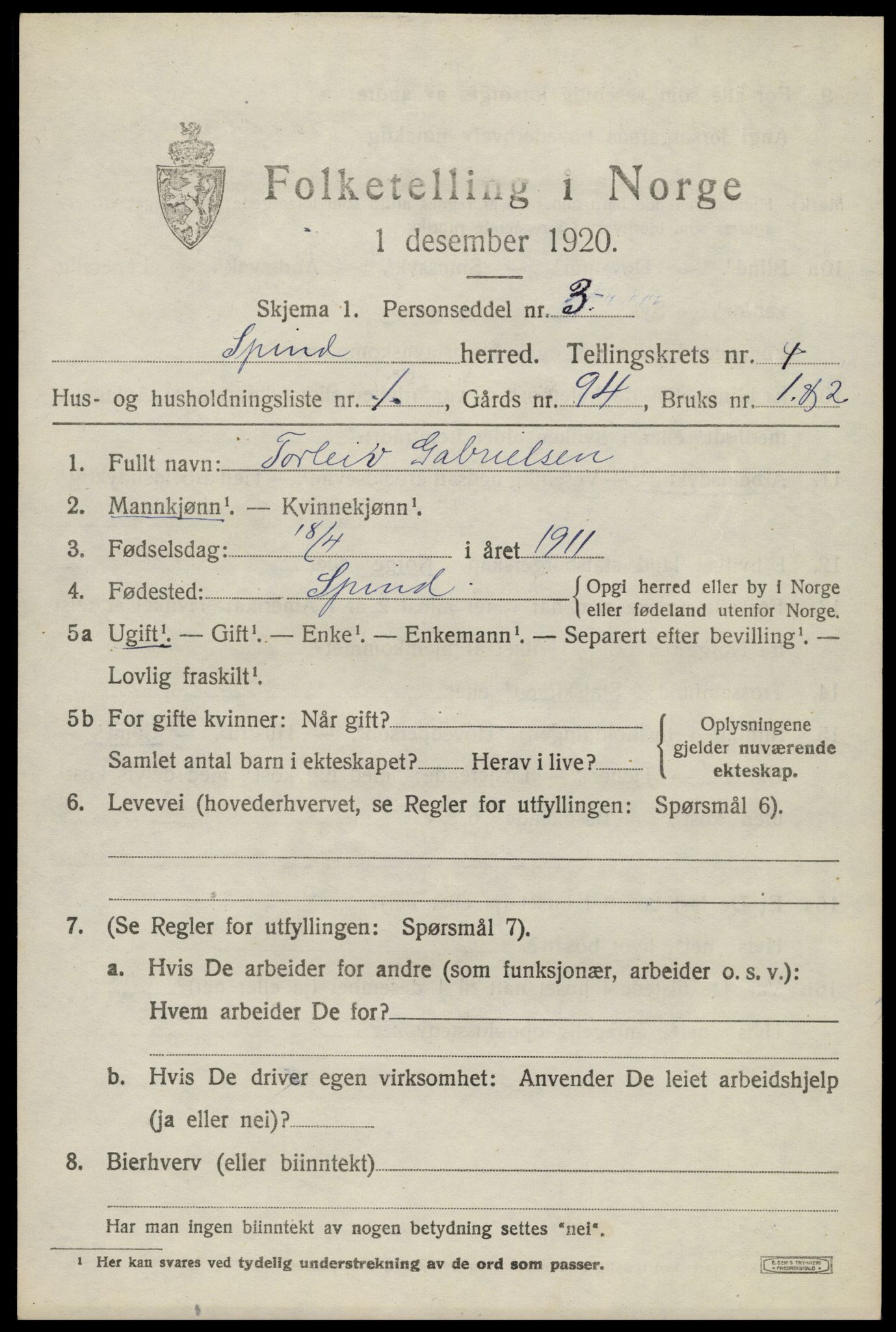 SAK, 1920 census for Spind, 1920, p. 2195