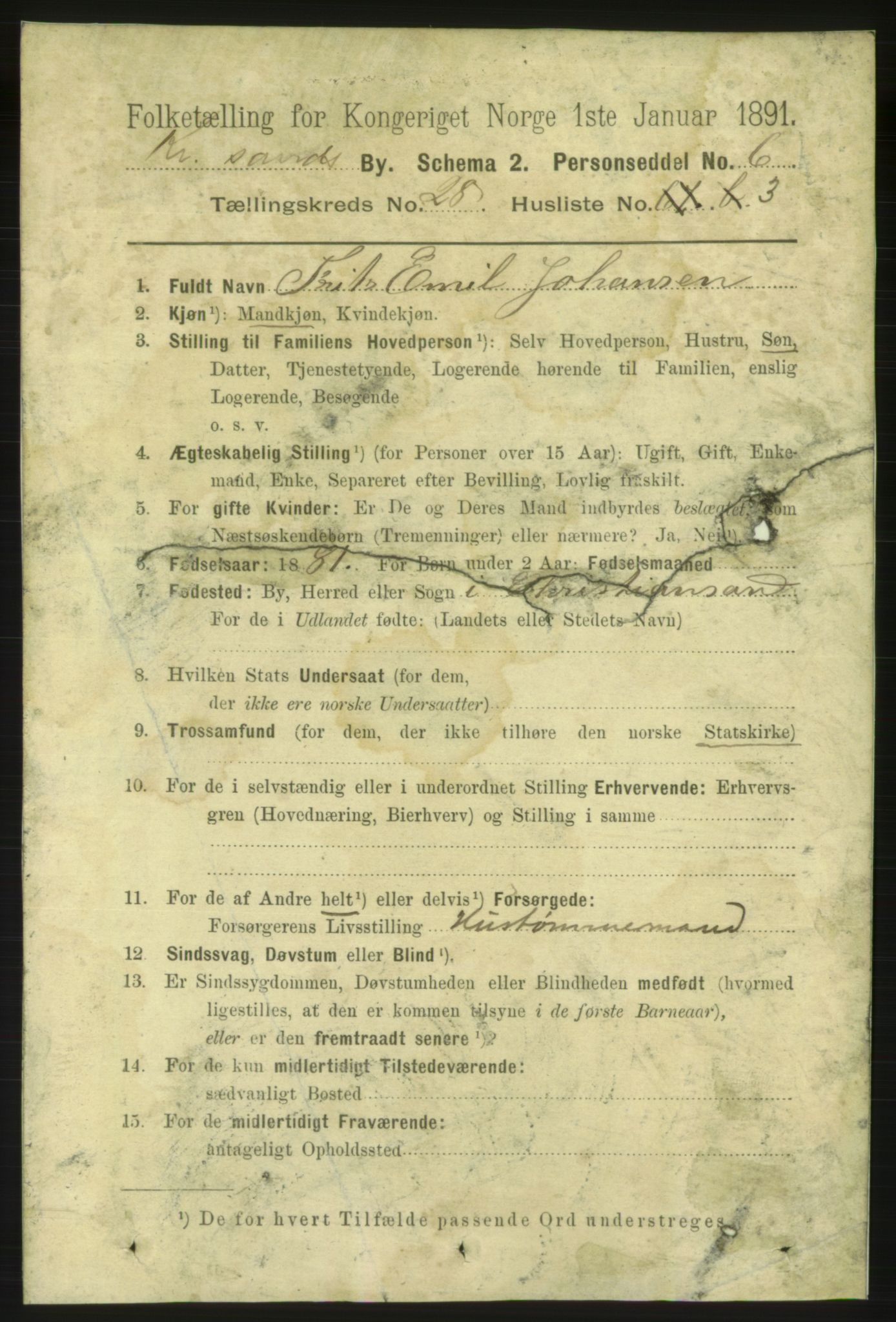 RA, 1891 census for 1001 Kristiansand, 1891, p. 9515