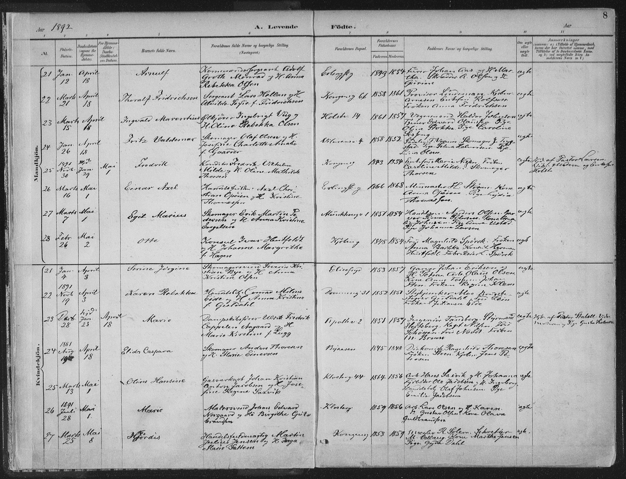 Ministerialprotokoller, klokkerbøker og fødselsregistre - Sør-Trøndelag, SAT/A-1456/601/L0062: Parish register (official) no. 601A30, 1891-1911, p. 8