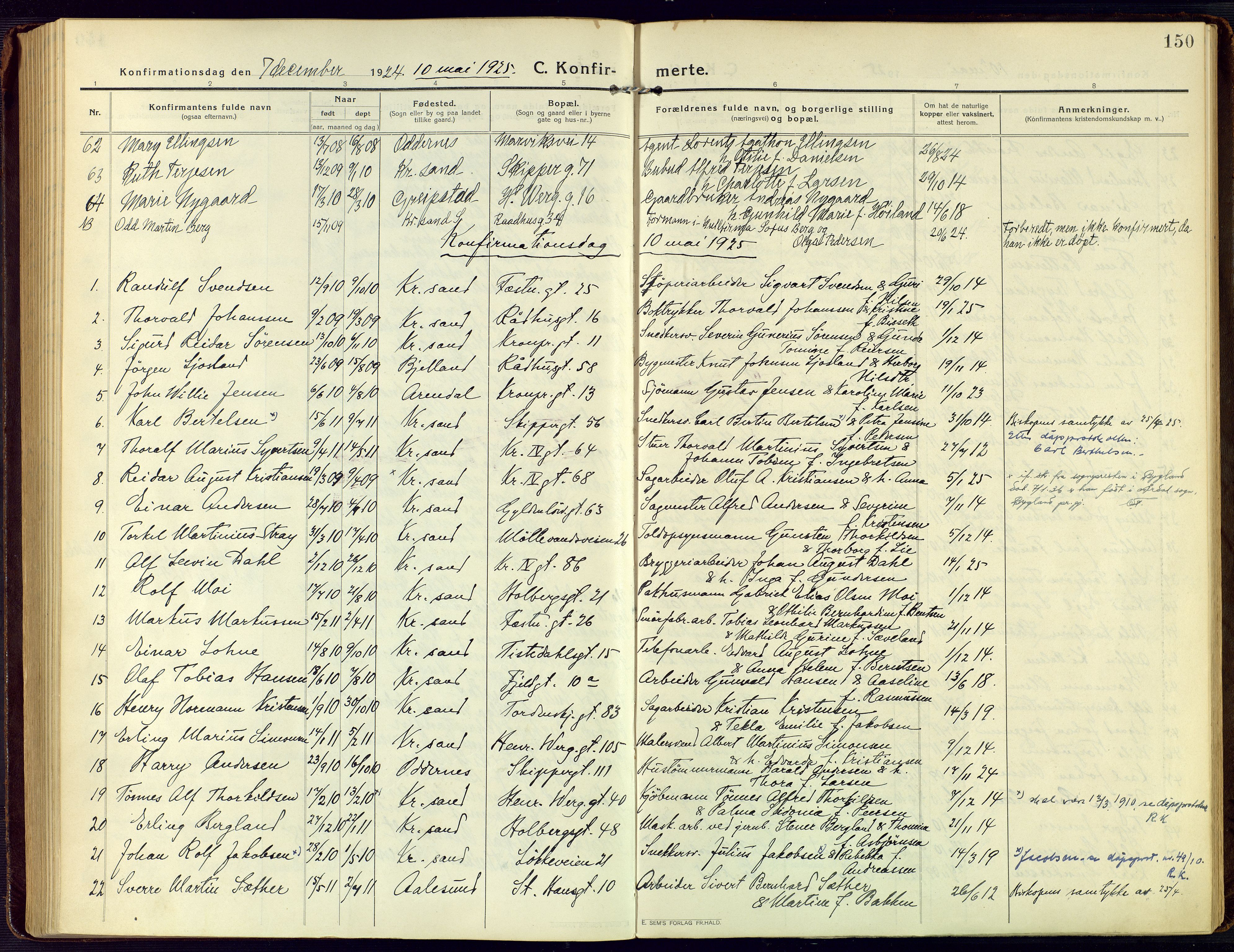 Kristiansand domprosti, SAK/1112-0006/F/Fa/L0026: Parish register (official) no. A 25, 1916-1928, p. 150