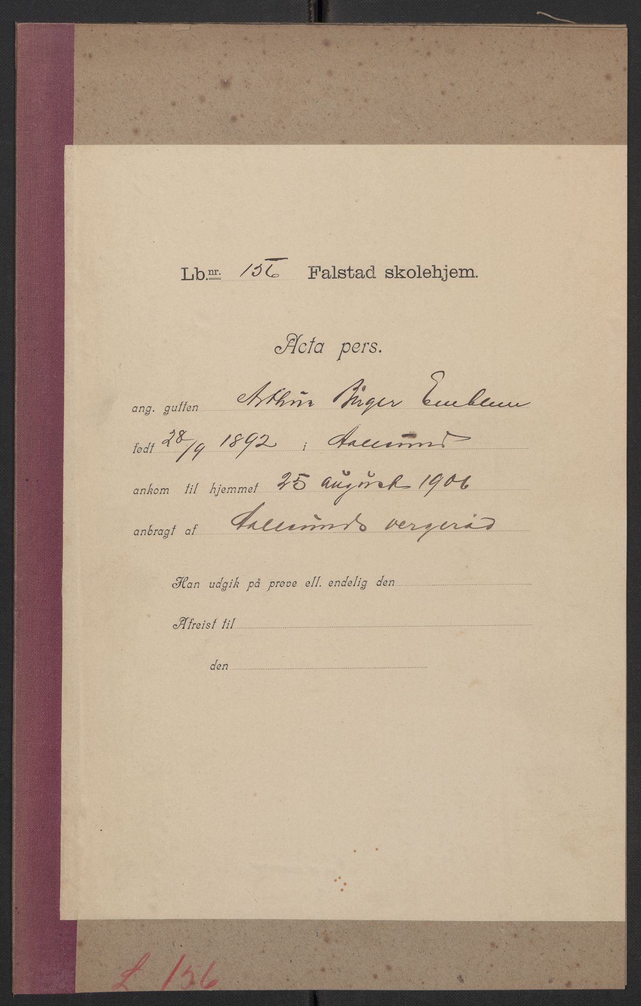 Falstad skolehjem, RA/S-1676/E/Eb/L0007: Elevmapper løpenr. 146-168, 1905-1911, p. 145