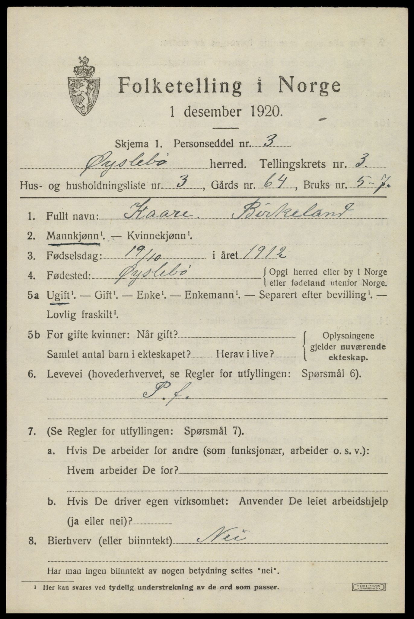 SAK, 1920 census for Øyslebø, 1920, p. 914