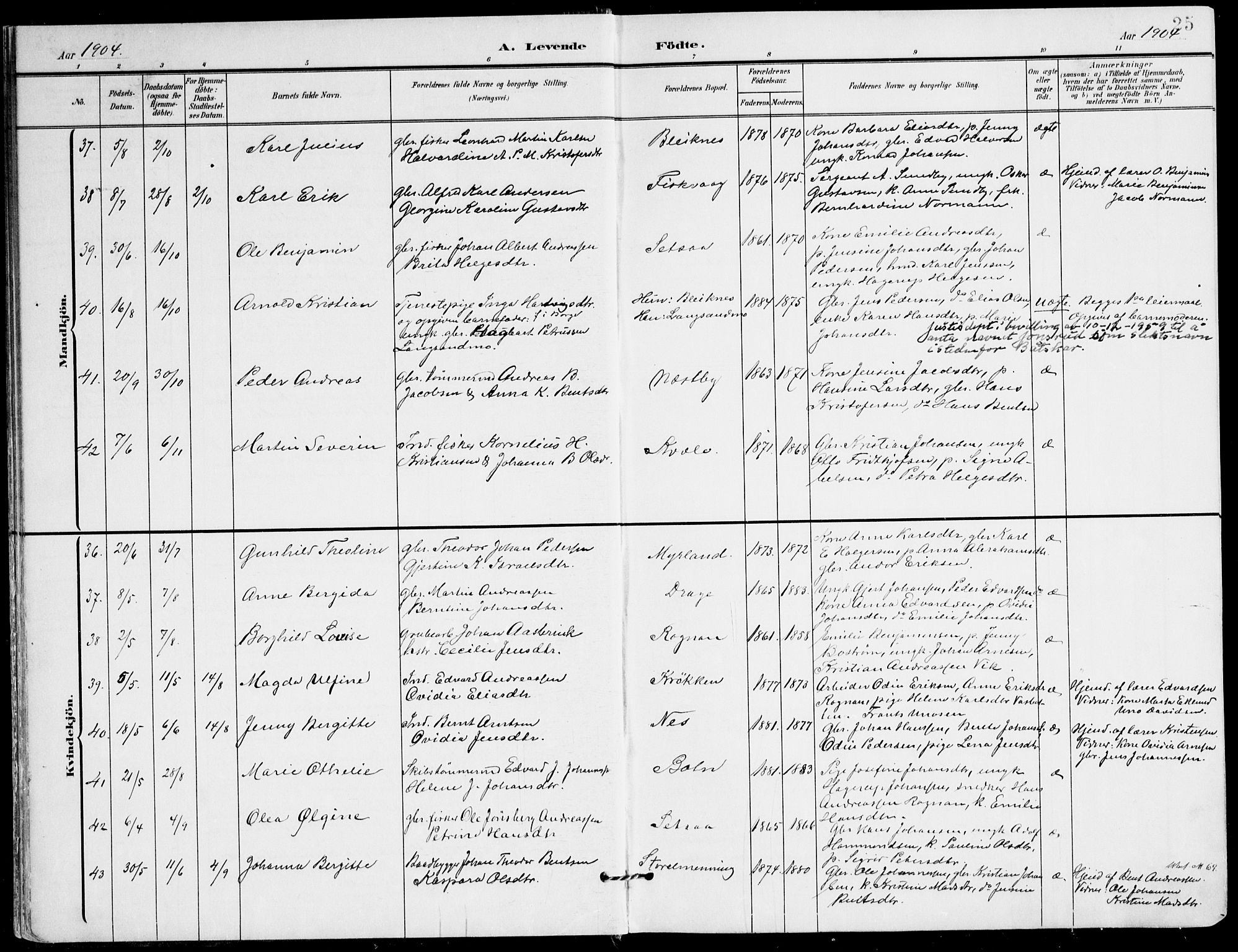 Ministerialprotokoller, klokkerbøker og fødselsregistre - Nordland, AV/SAT-A-1459/847/L0672: Parish register (official) no. 847A12, 1902-1919, p. 25