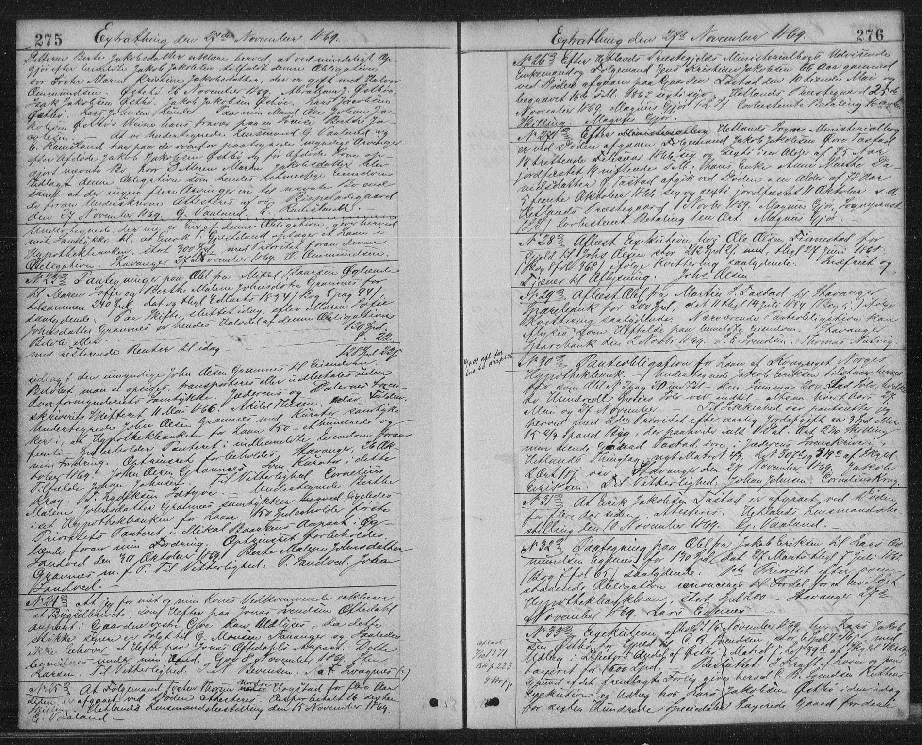 Jæren sorenskriveri, SAST/A-100310/01/4/41/41BF/L0001: Mortgage book no. 9, 1869-1871, p. 275-276