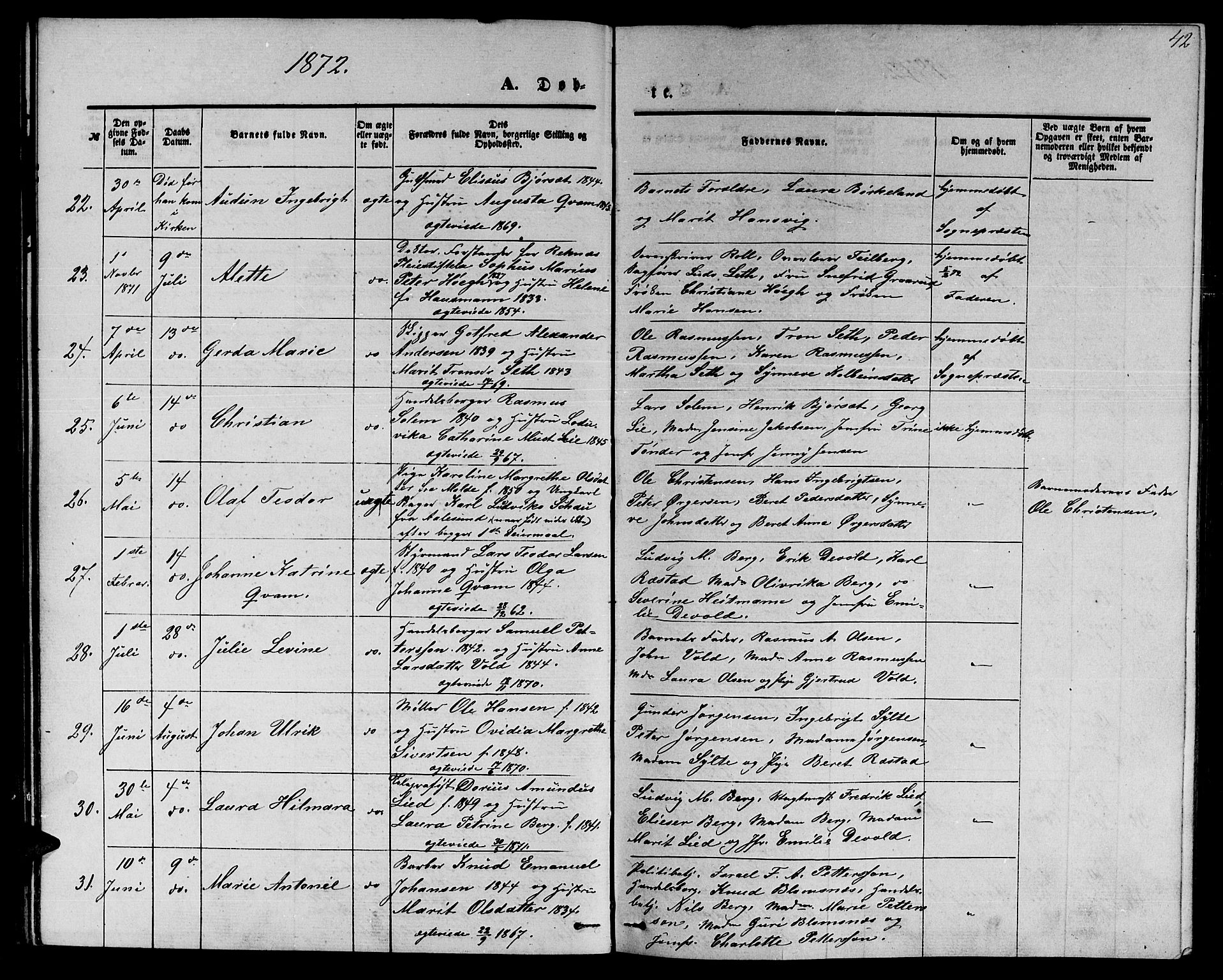Ministerialprotokoller, klokkerbøker og fødselsregistre - Møre og Romsdal, SAT/A-1454/558/L0701: Parish register (copy) no. 558C02, 1862-1879, p. 42