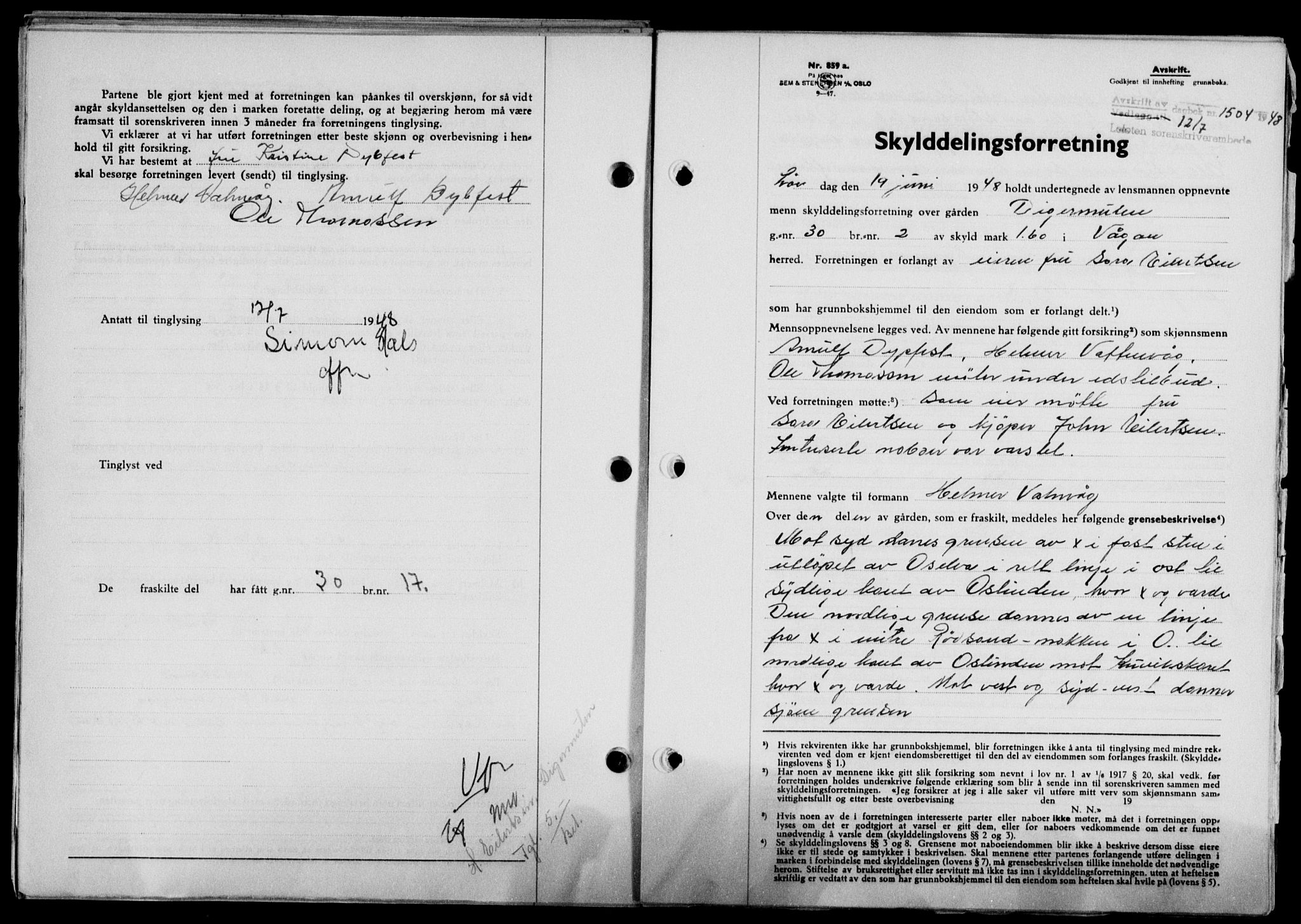 Lofoten sorenskriveri, SAT/A-0017/1/2/2C/L0018a: Mortgage book no. 18a, 1948-1948, Diary no: : 1504/1948