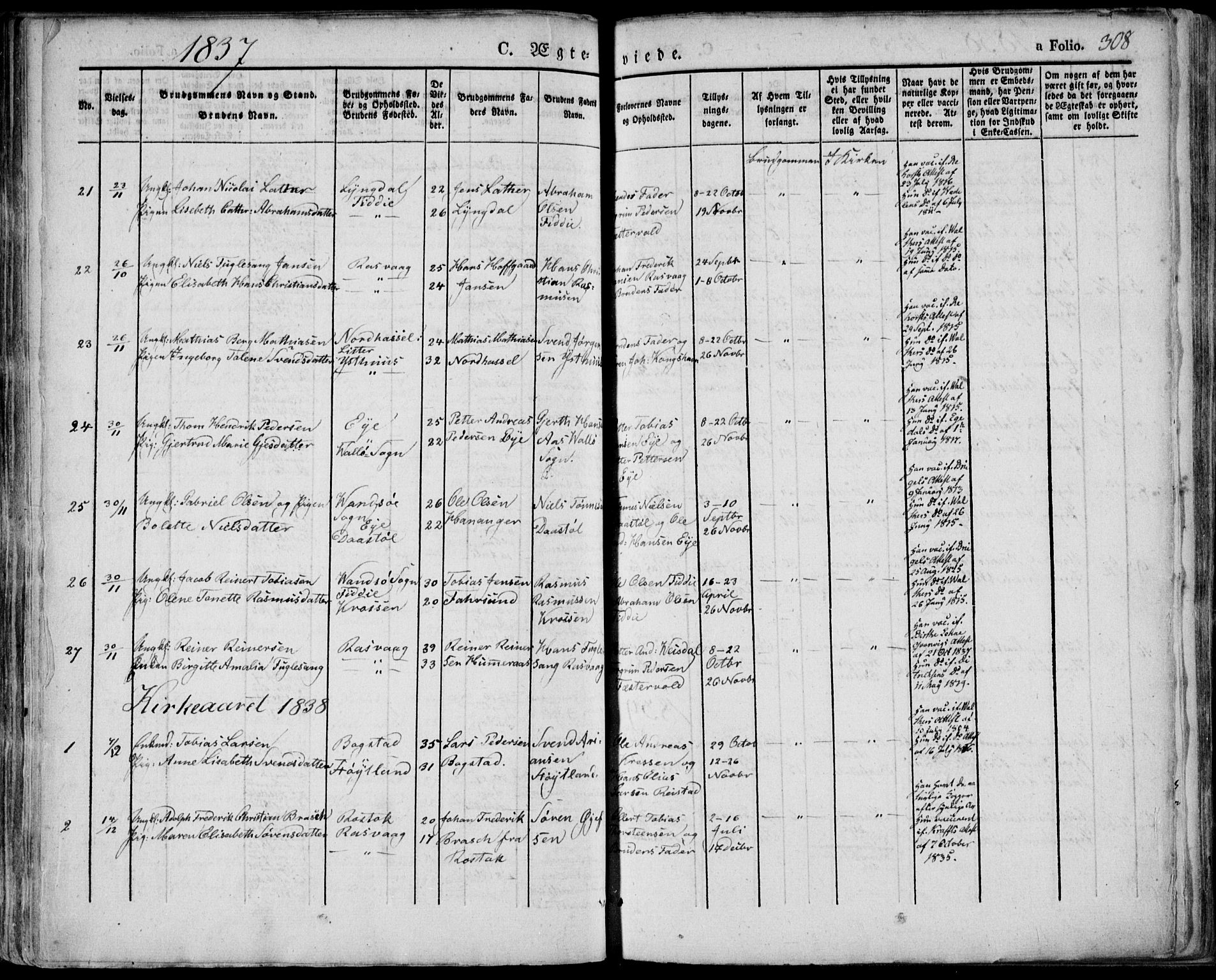 Flekkefjord sokneprestkontor, AV/SAK-1111-0012/F/Fa/Fac/L0003: Parish register (official) no. A 3, 1826-1841, p. 308