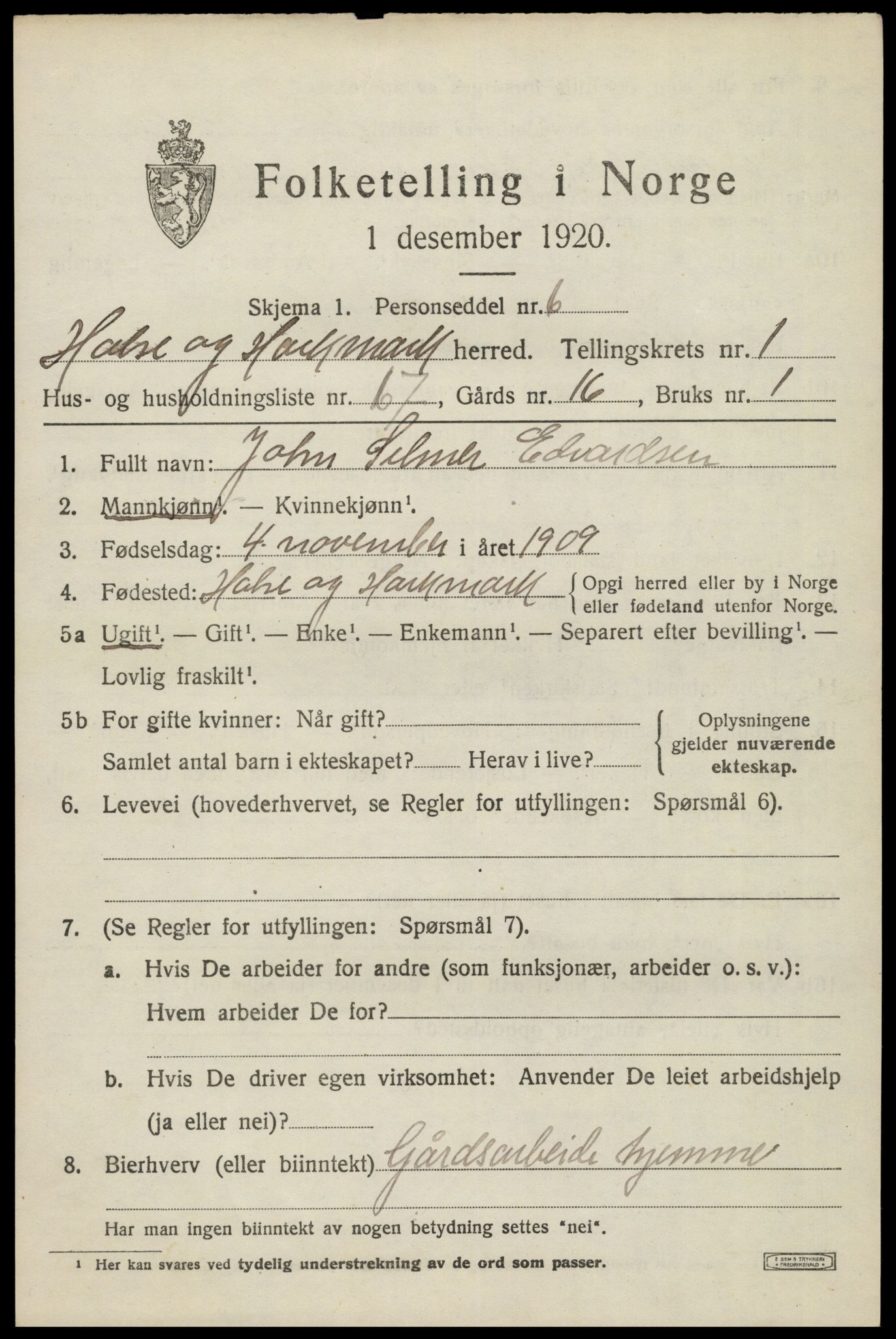 SAK, 1920 census for Halse og Harkmark, 1920, p. 2005