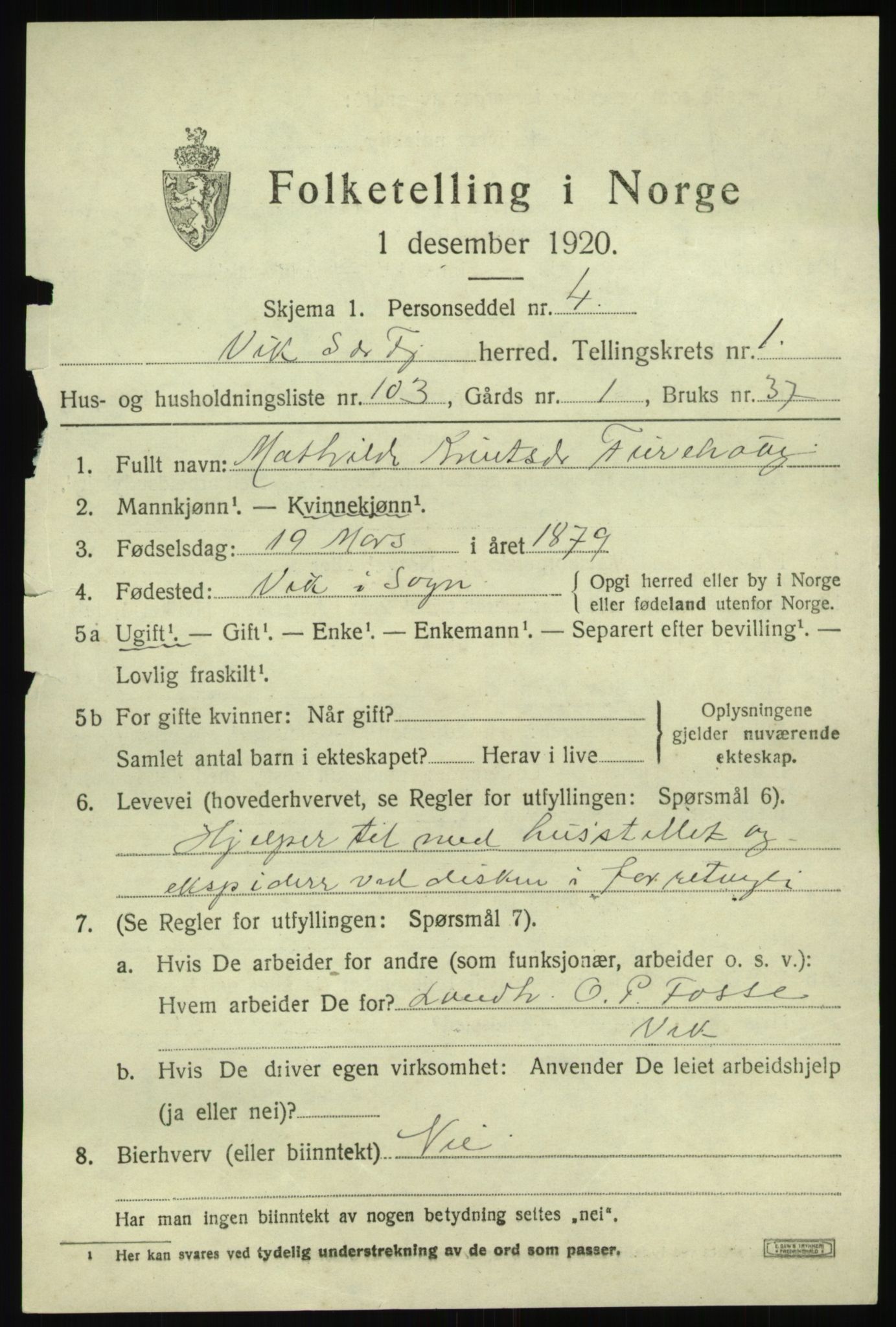 SAB, 1920 census for Vik, 1920, p. 2095