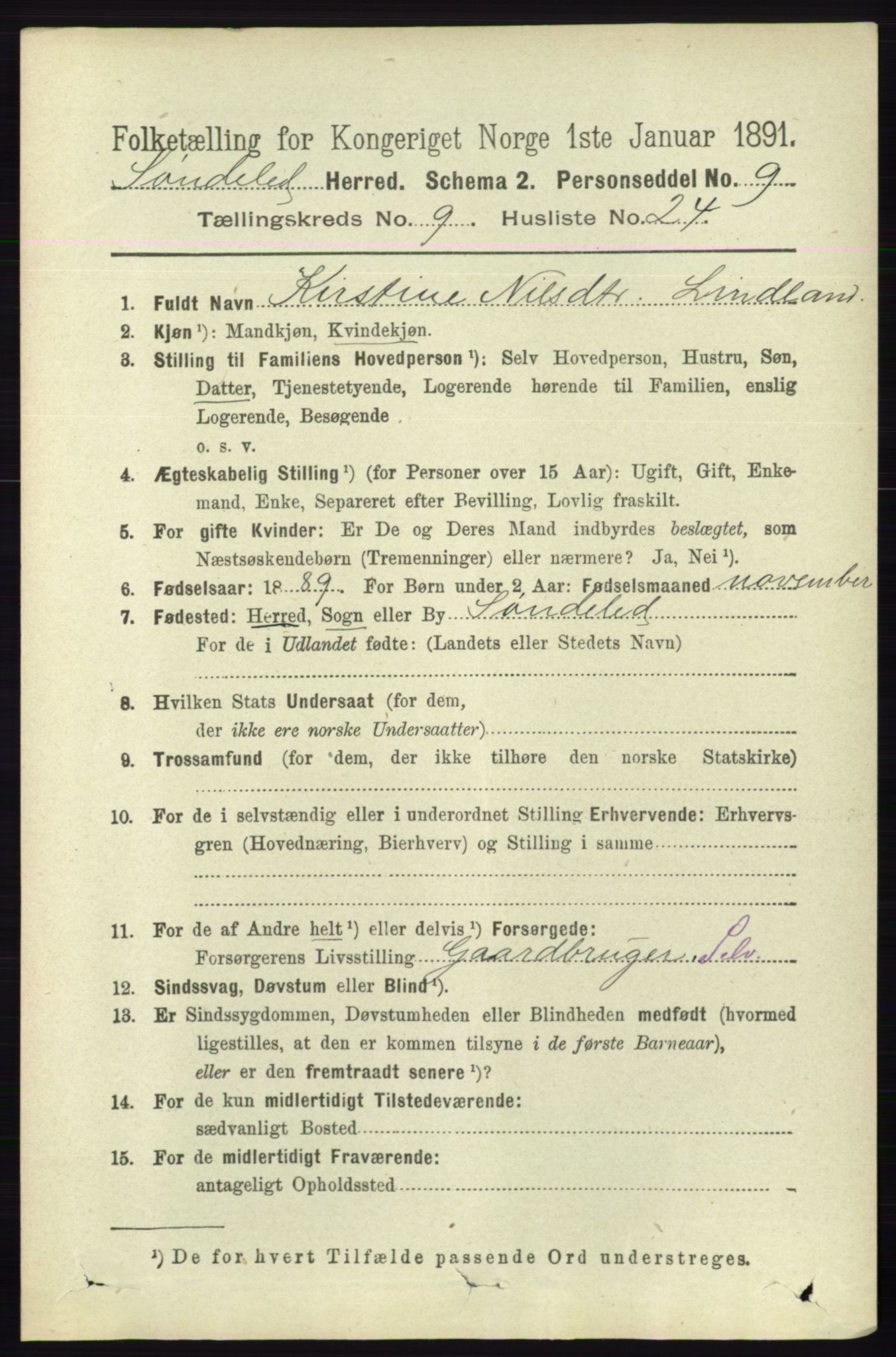 RA, 1891 census for 0913 Søndeled, 1891, p. 3031