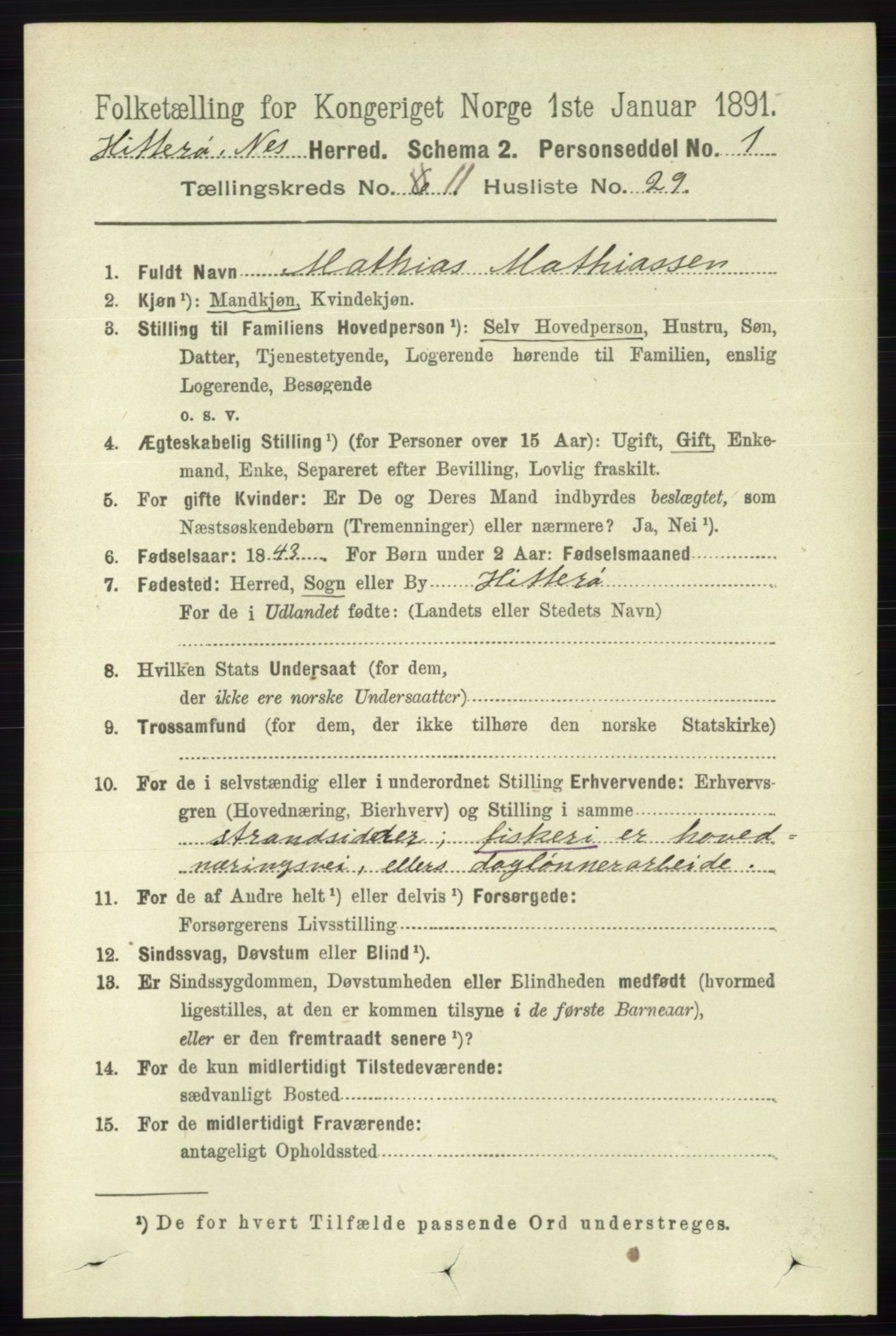 RA, 1891 census for 1043 Hidra og Nes, 1891, p. 4640
