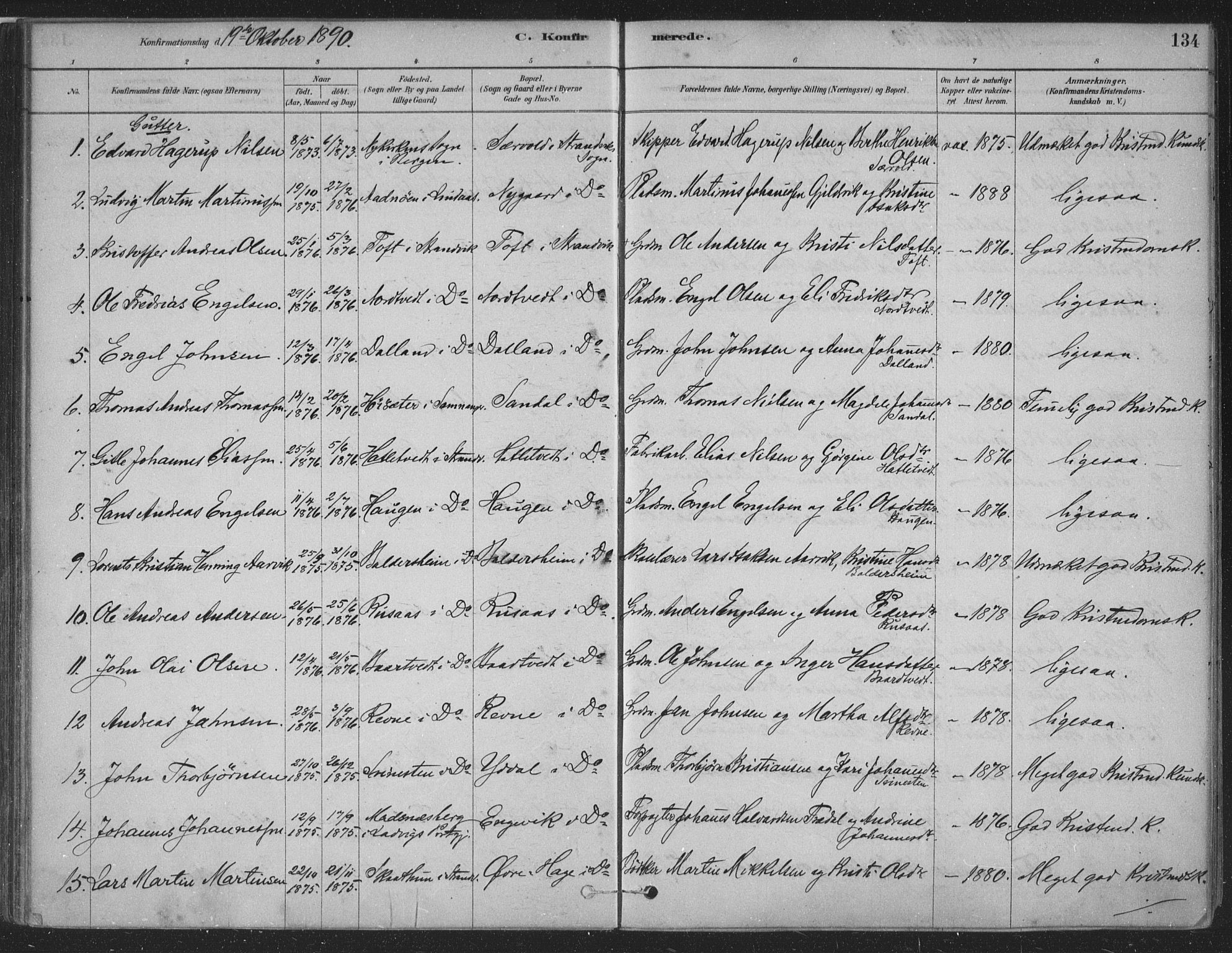 Fusa sokneprestembete, SAB/A-75401/H/Haa: Parish register (official) no. D 1, 1880-1938, p. 134