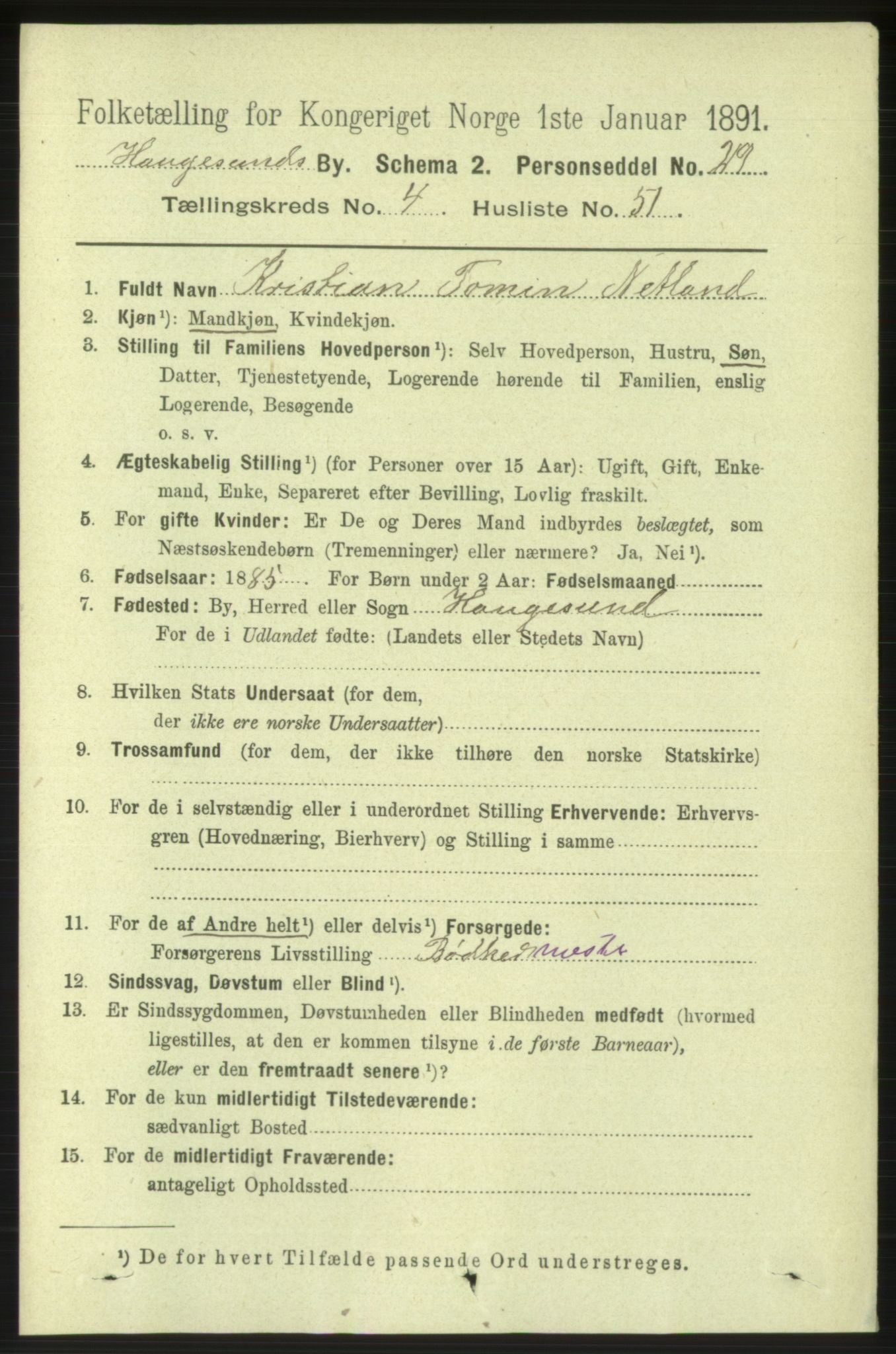 RA, 1891 census for 1106 Haugesund, 1891, p. 1927